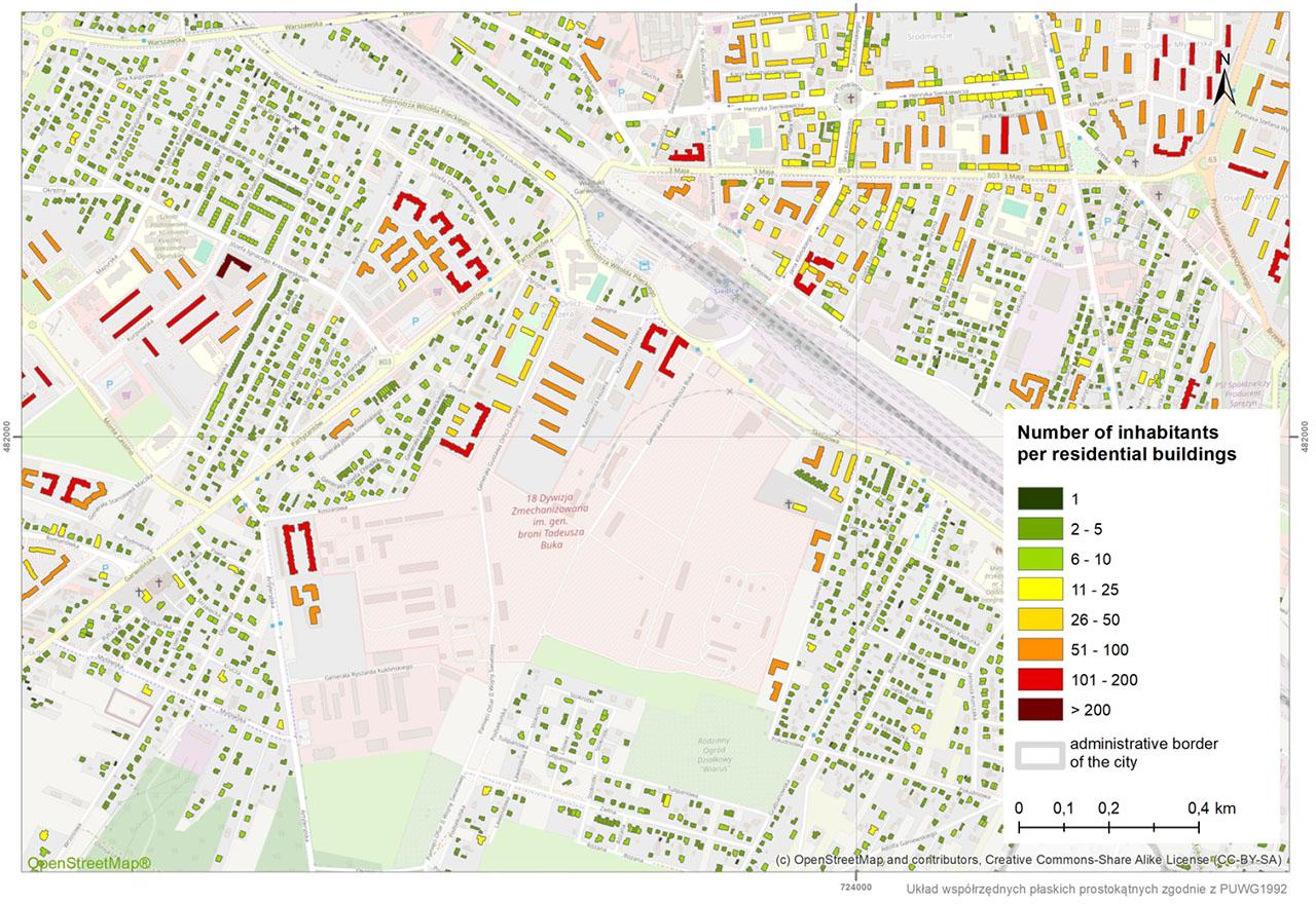 Example of population distribution in Siedlce (central part of the city)