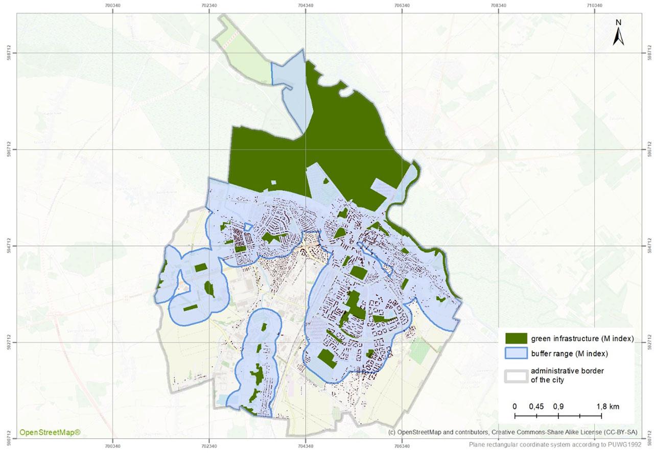 Range of the M indicator buffer in Łomża calculated in relation to public GI sites of ≥ 1 hectare