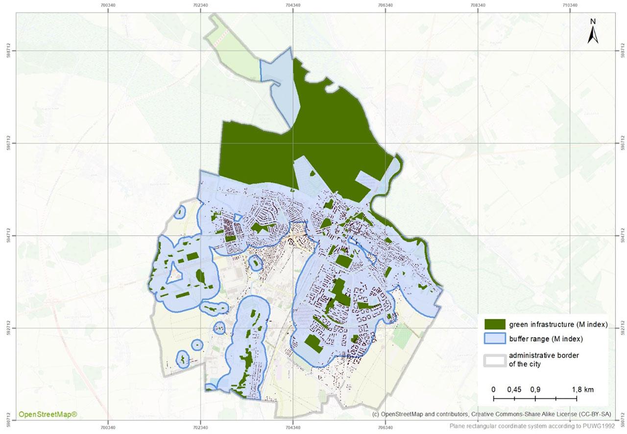 Range of the M indicator buffer in Łomża calculated in relation to all public GI sites