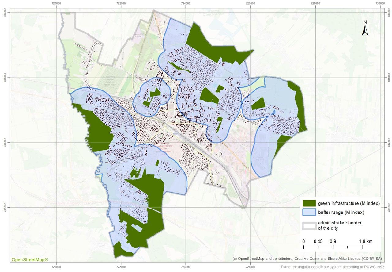 Range of the M indicator buffer in Siedlce calculated in relation to public GI sites of ≥ 1 hectare