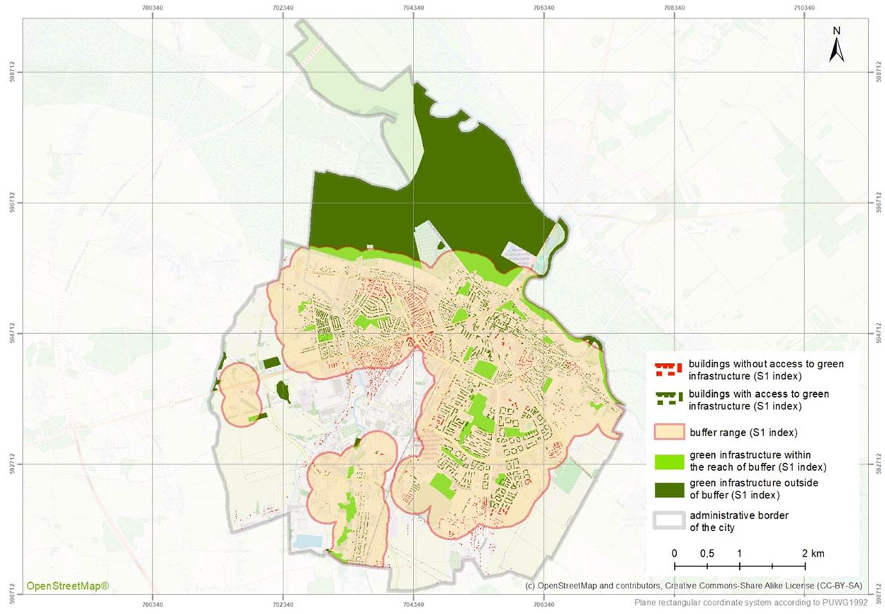 Range of the S1 indicator buffer in Łomża calculated in relation to the place of residence. Includes elements of public GI of ≥ 1 hectare