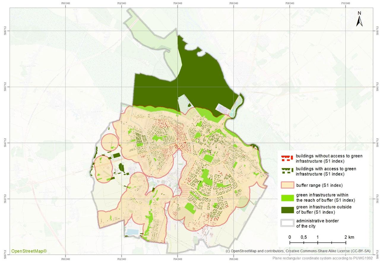 Range of the S1 indicator buffer in Łomża calculated in relation to the place of residence. Includes all public GI sites