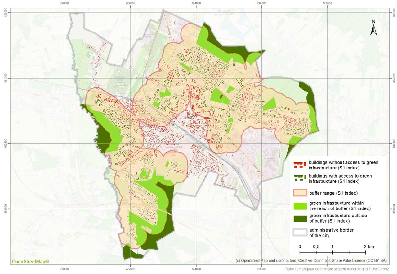 Range of the S1 indicator buffer in Siedlce calculated in relation to the place of residence. Includes elements of public GI of ≥ 1 hectare