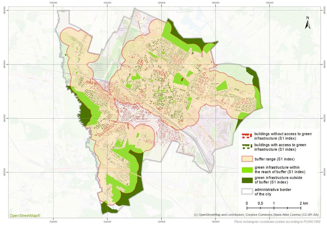 Range of the S1 indicator buffer in Siedlce calculated in relation to the place of residence. Includes all public GI sites