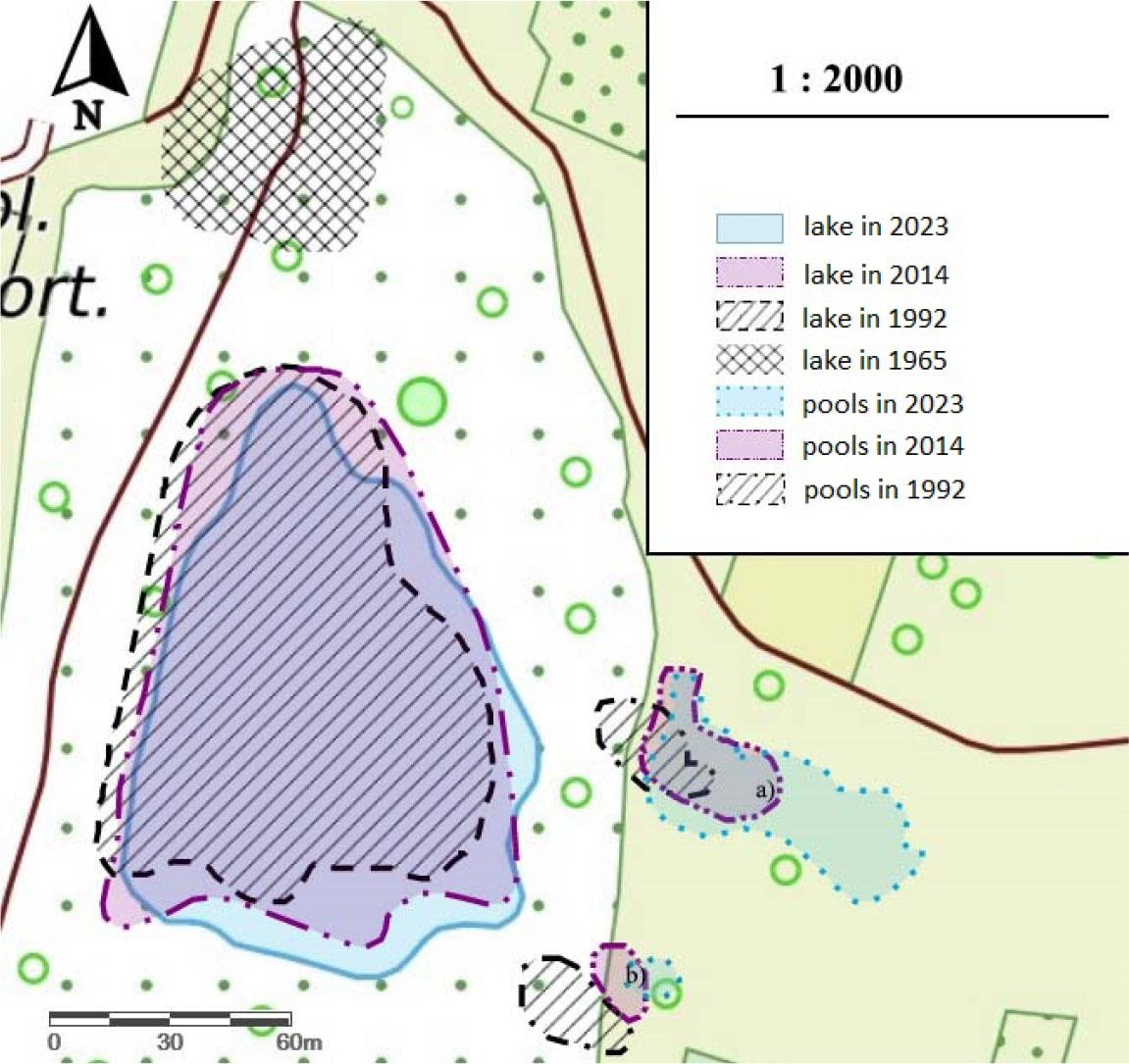 Water bodies in the research area; a and b – episodic pools (based on geoportal.pl)
