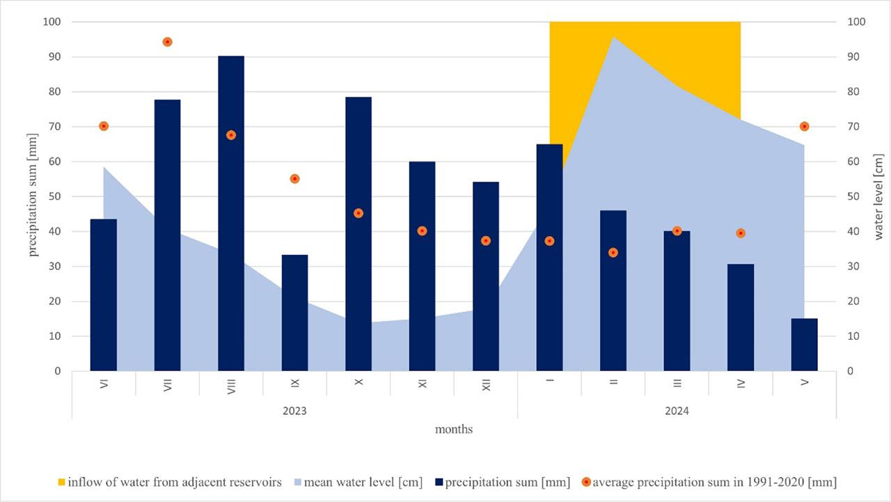 Dynamics of water level in the Glinianki pit lake and monthly precipitation sums (data from the IMGW-PIB meteorological station Kielce-Suków)