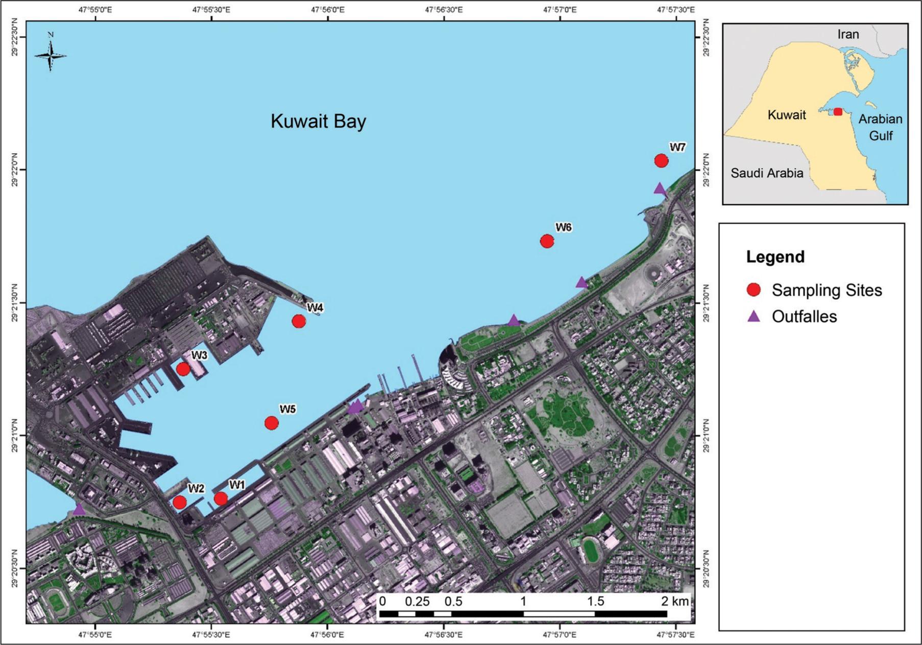 A map showing Shuwaikh harbor and the 7 sampling sites (red points).