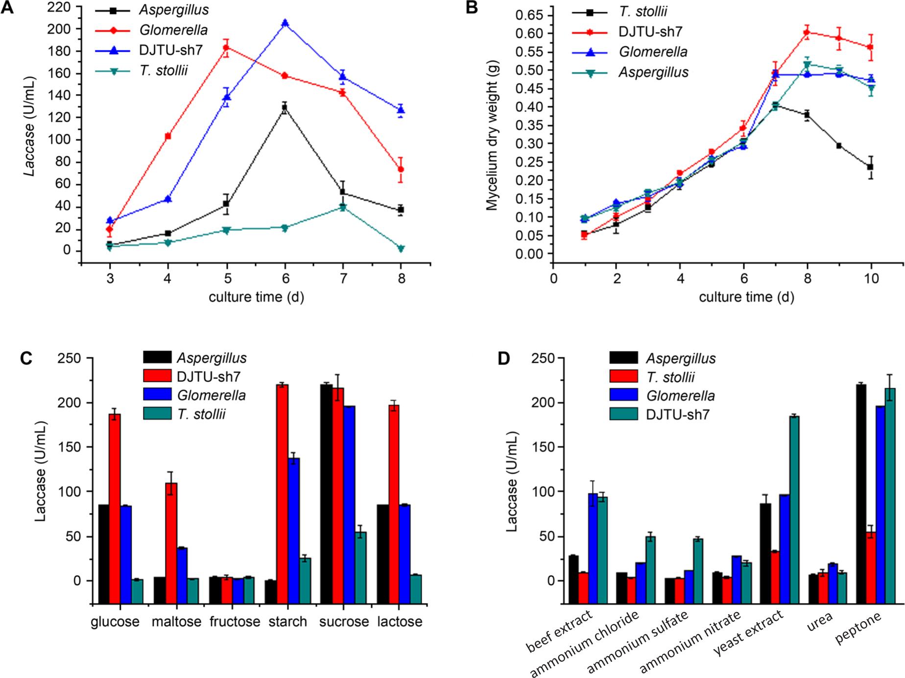 A. Time course of the laccase production in four fungal strains. B. Biomass production, represented by the mycelium dry weight, of fungal strains. The 70 ml culture media contained 20 g/l glucose, 5 g/l peptone, and 5% fungal inoculant. Effects of carbon sources (C)/nitrogen sources (D) on the laccase production of four fungal strains. The agitation rate and the incubation temperature were 120 rpm and 28°C respectively.