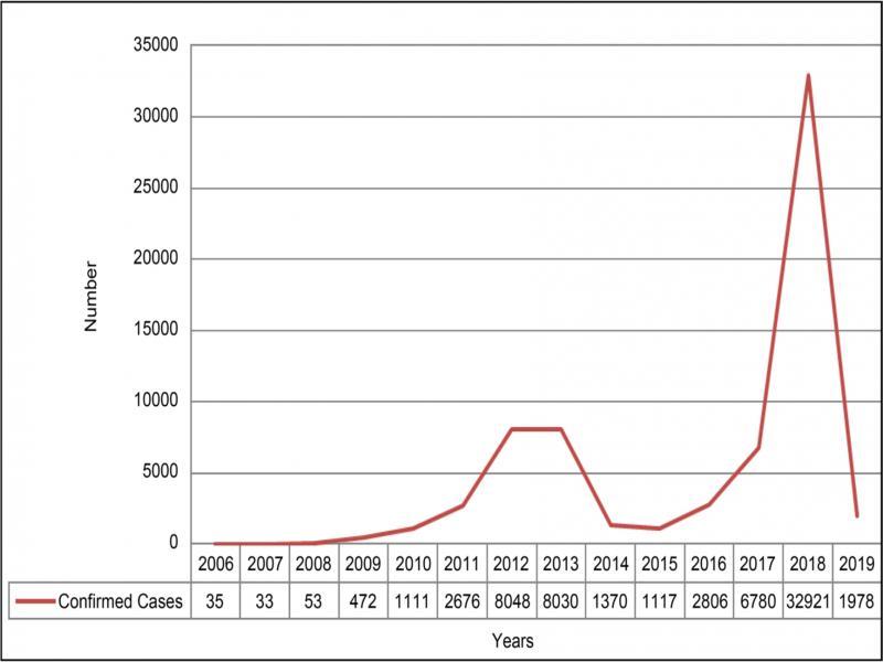 Number of confirmed measles cases from 2006 to 2019 in Pakistan (WHO 2019; updates).