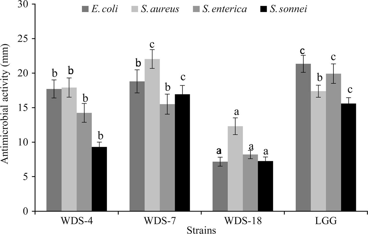 Antibacterial activity of six isolated LAB strains. a–c) Different letters represent statistical significance (p < 0.05).