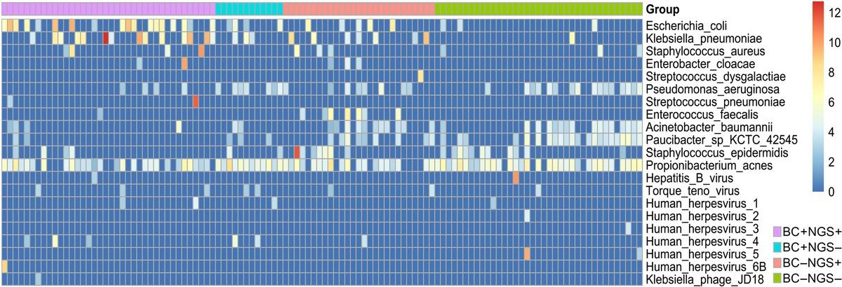 The relative abundance of cfDNA mNGS-detected bacteria and viruses in the 114 samples were shown by Heatmap. The relative abundance data used in the heatmap were log2‑transformed to compare among species. Staphylococcus epidermidis and Propionibacterium acnes were discarded as contaminants in the downstream analysis.