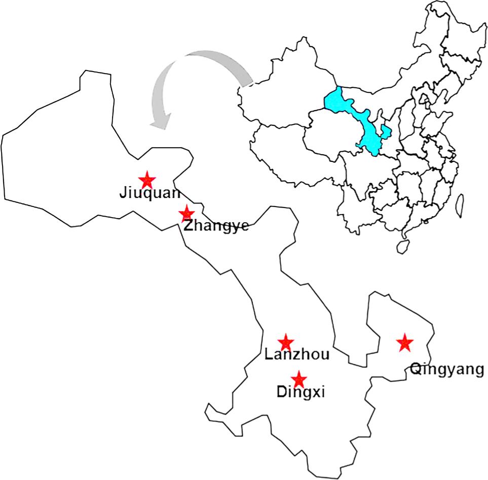 Distribution diagram of sampling points in Gansu province, China. The geographic locations of samples from slaughterhouses and markets. The five-pointed stars of red represent the different sampling sites.