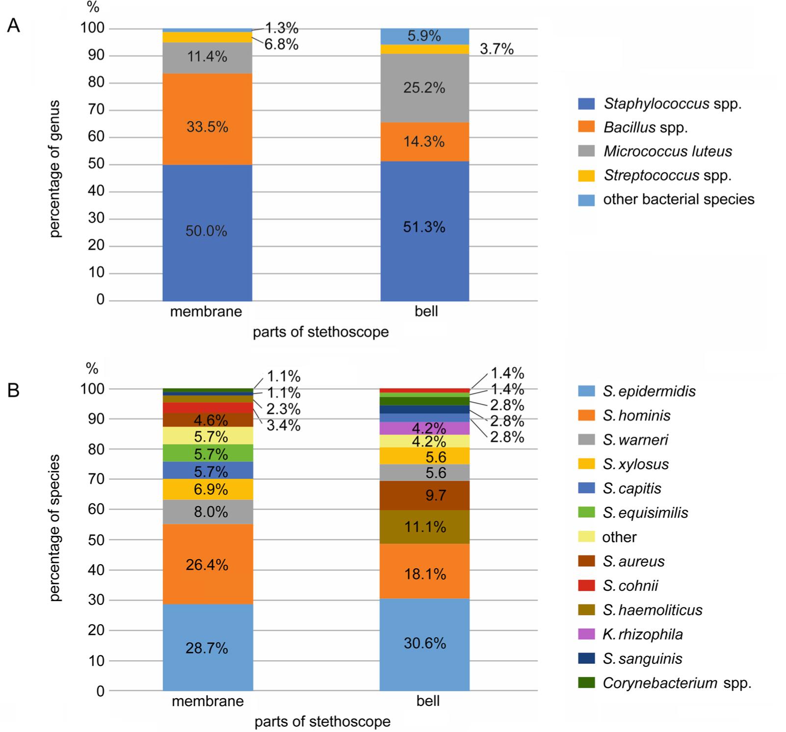 Bacteria strains isolated from membranes and bells of personal stethoscopes used by medical students from Jagiellonian University Medical College (JUMC). Bacteria are presented as general taxa (A) and listed as species (B).