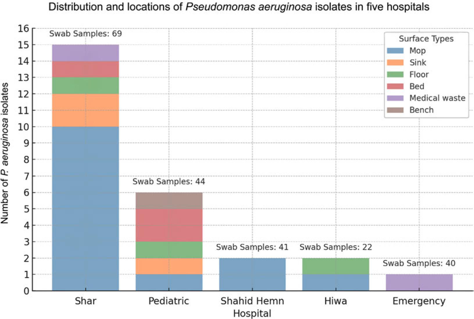 The distribution of Pseudomonas aeruginosa isolates across surface types in five hospitals. Colors denote different surfaces sampled, with total swab counts displayed above each bar.