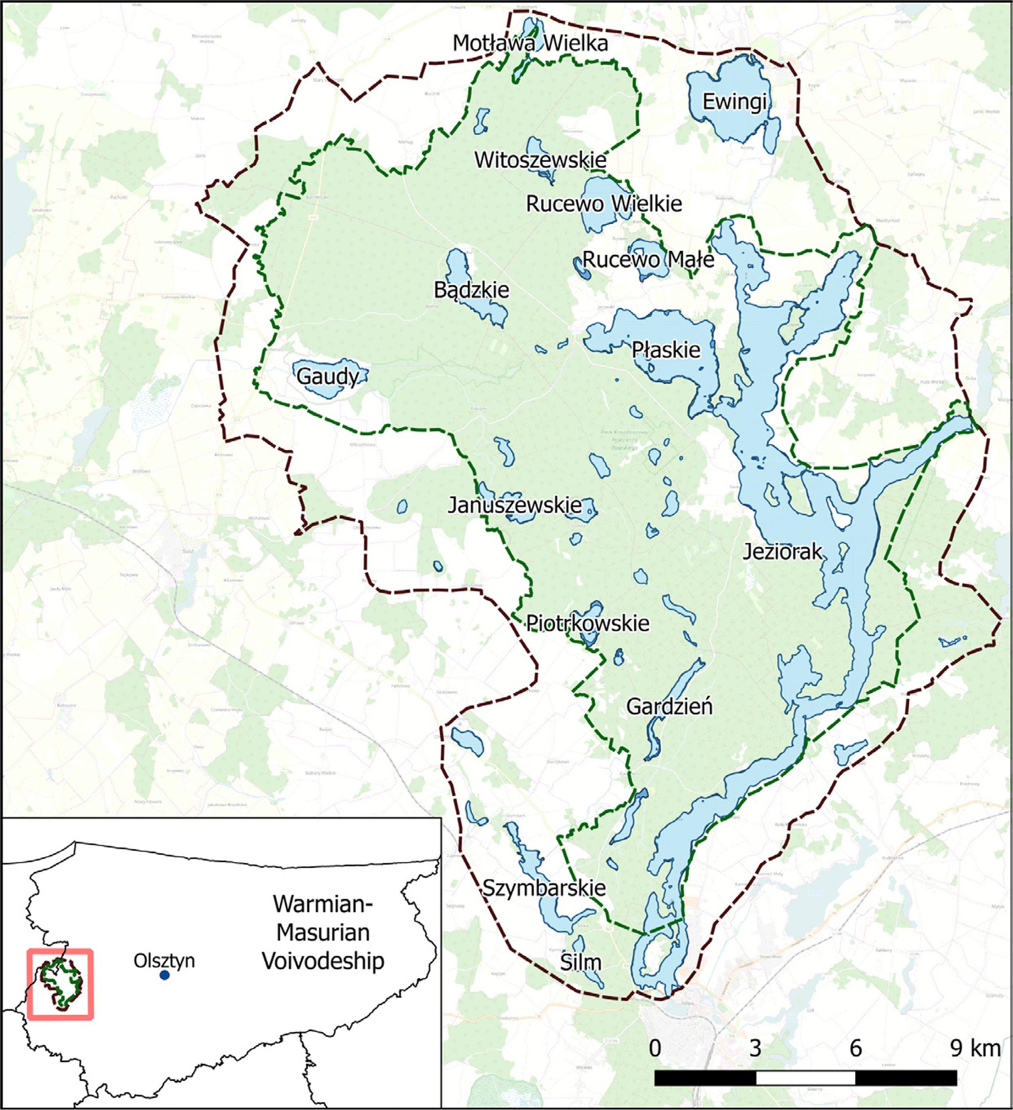 Location of lakes in Iława Lakeland Landscape Park.