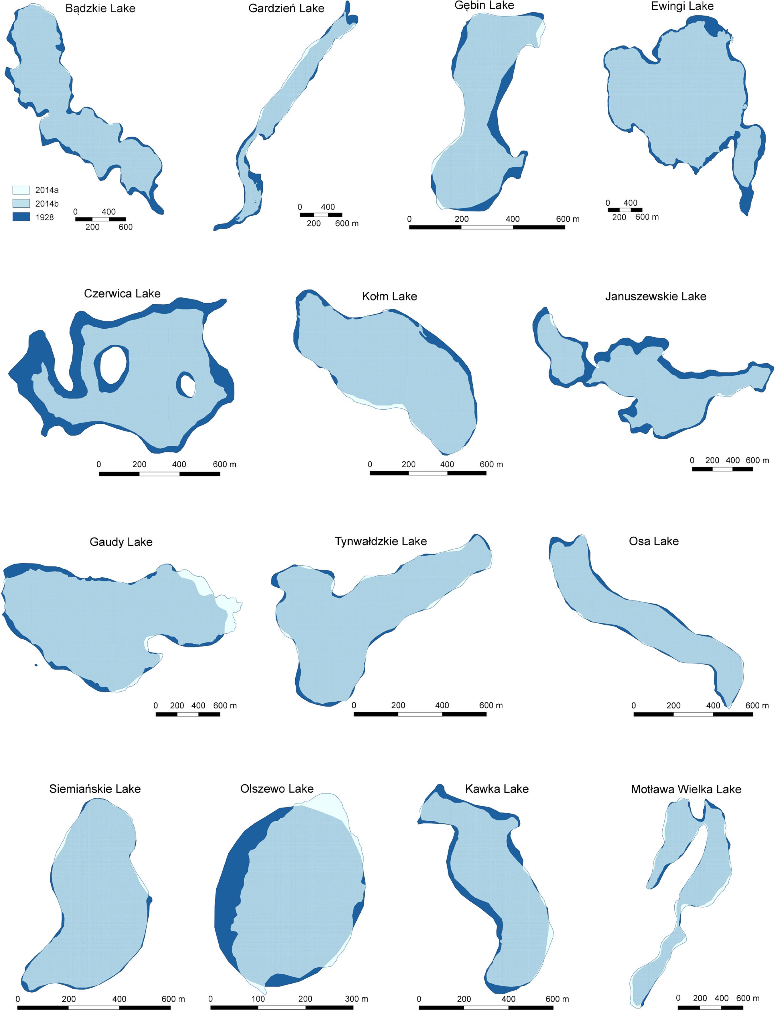Set of lake maps show the places, ways and rates of lake disappearance in years 1928 and 2014 (a – land area occupied by the lake in 2014, b – lake range in 2014 in the lake border from 1928) for selected lakes in the Iława Lakeland Landscape Park.
