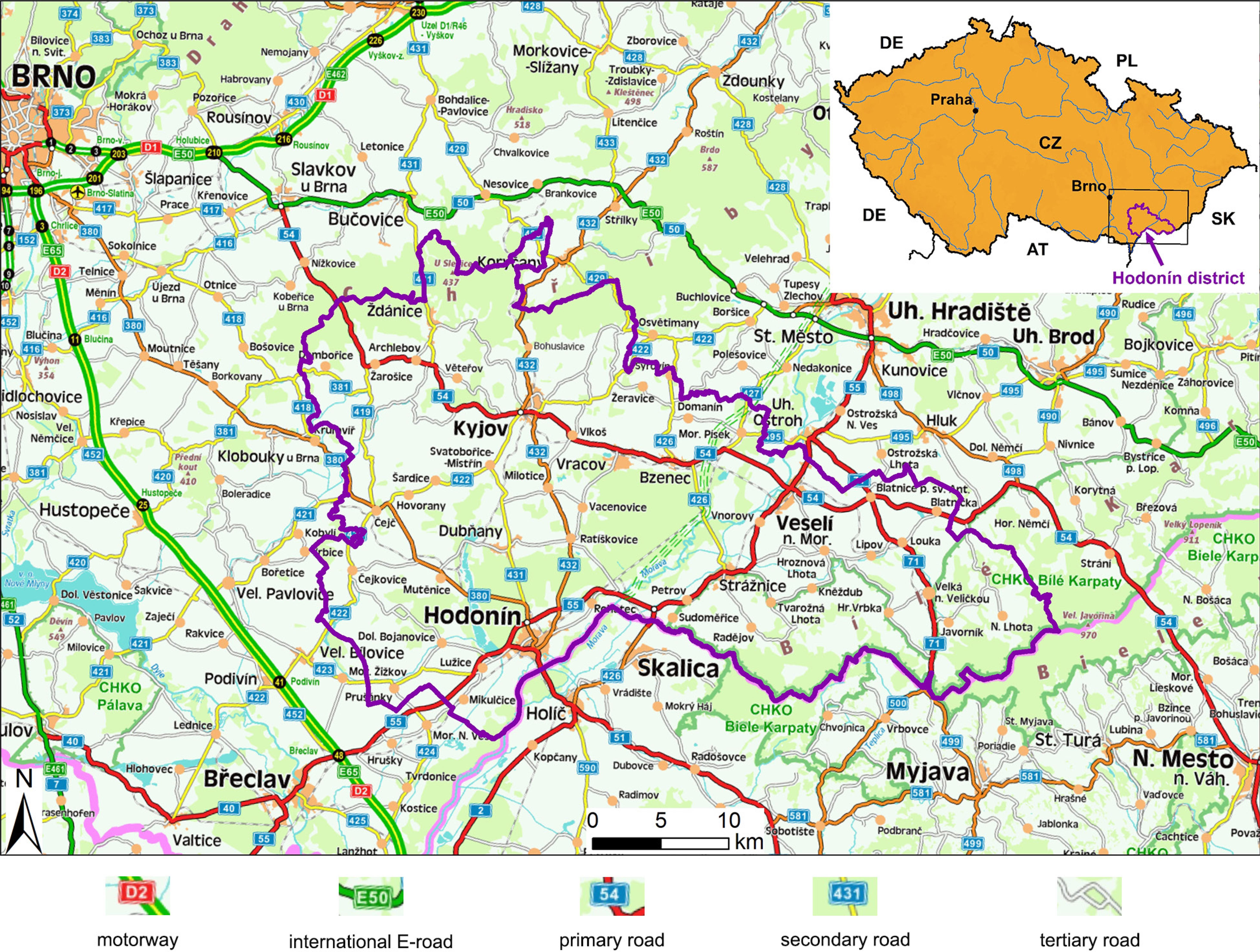 The Hodonín model region and surroundings with important roads.Source: Czech National Geoportal, CENIA, 2017.