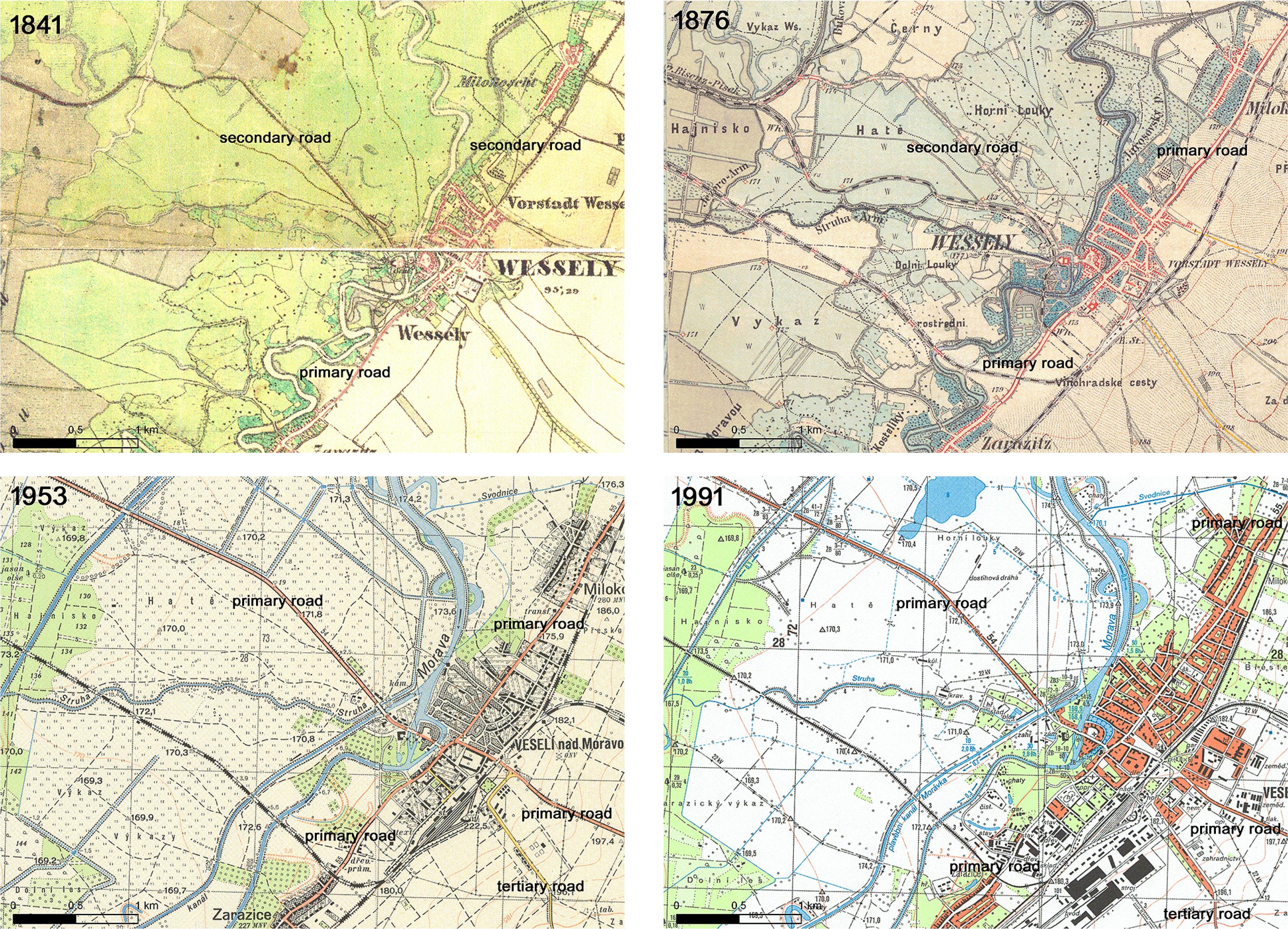 Examples of the road network around the town of Veselí nad Moravou on maps from 1841, 1876, 1953, 1991 with the addition of road classification to the map.Source: State Archive/Military Archive, Vienna, Geoinformatics laboratory, J. E. Purkyně University, Ústí nad Labem, Map collection Faculty of Science, Charles University of Prague, Military Geographic and Hydrometeorologic Office, Dobruška.