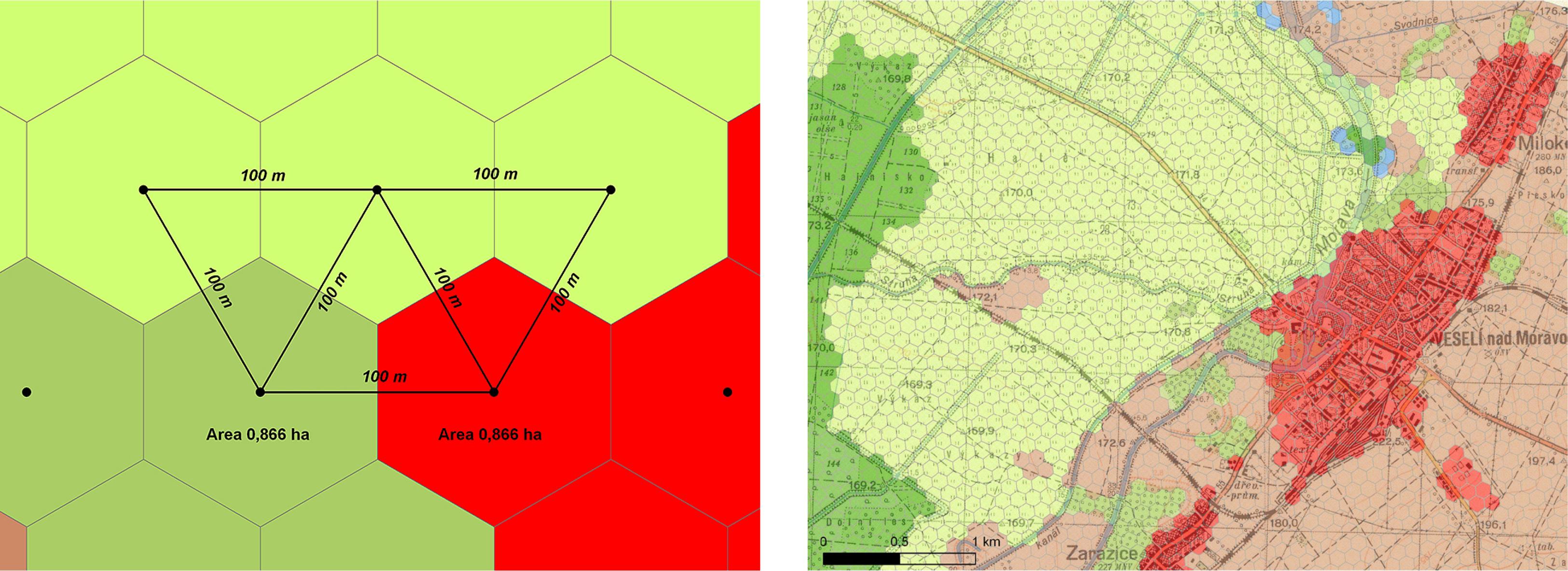Example of a hexagonal grid and the interpreted land use map from 1955.