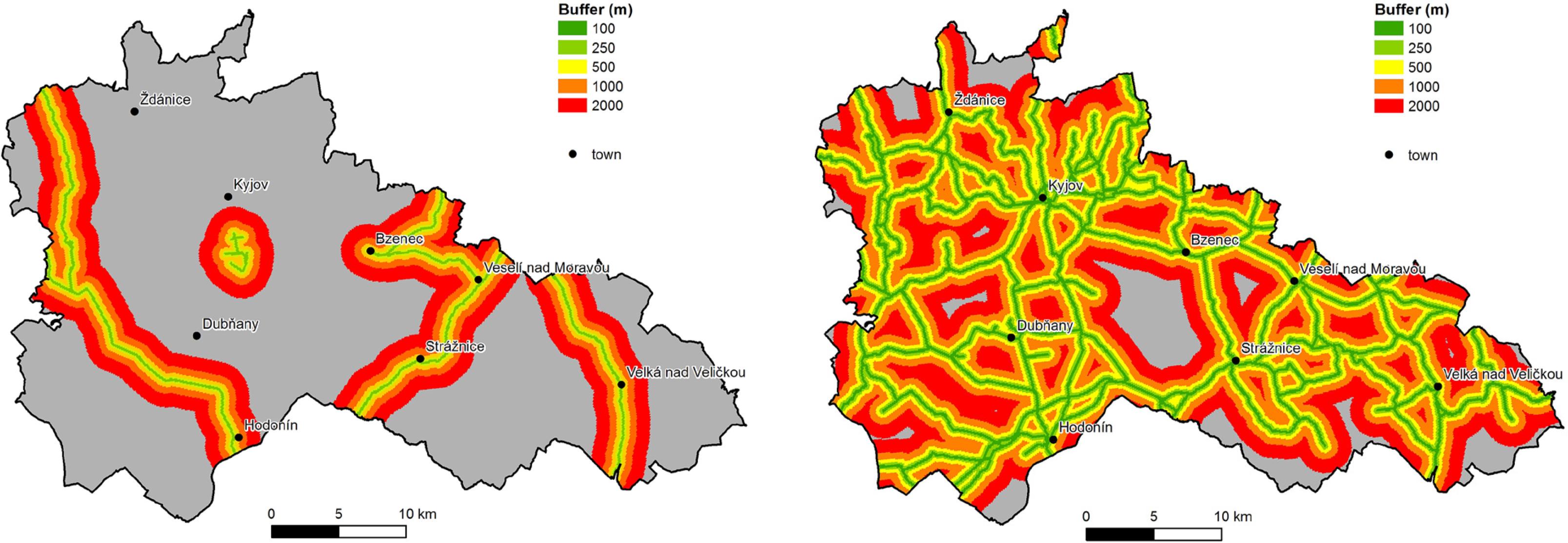 The road network in the Hodonín region in the 1840s (left) and 2010s (right) with distance zones from a road axis.