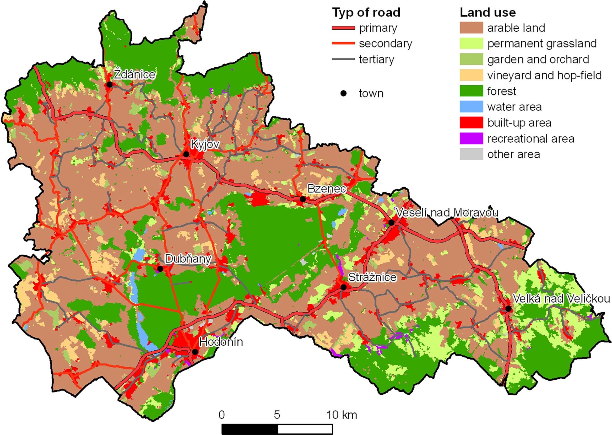 The road network and land use in the Hodonín region in the 2010s.