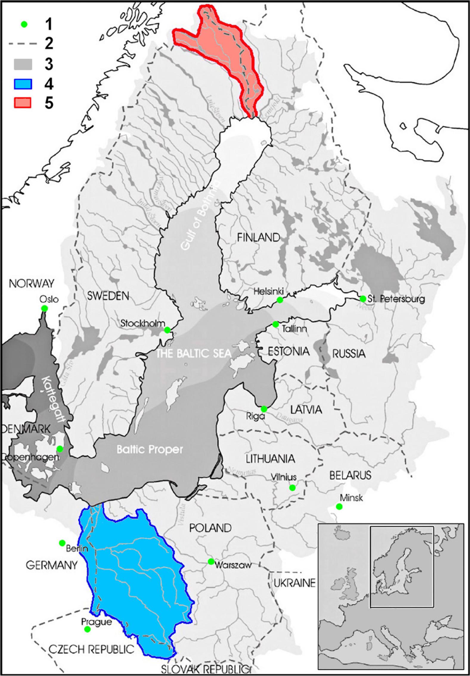 Location of case study river basin management areas in the Baltic Sea catchment area.1 – capitols, 2 – state borders, 3 – the Baltic Sea, 4 – the International Oder River Basin District, 5 – the International Torne River Basin District.