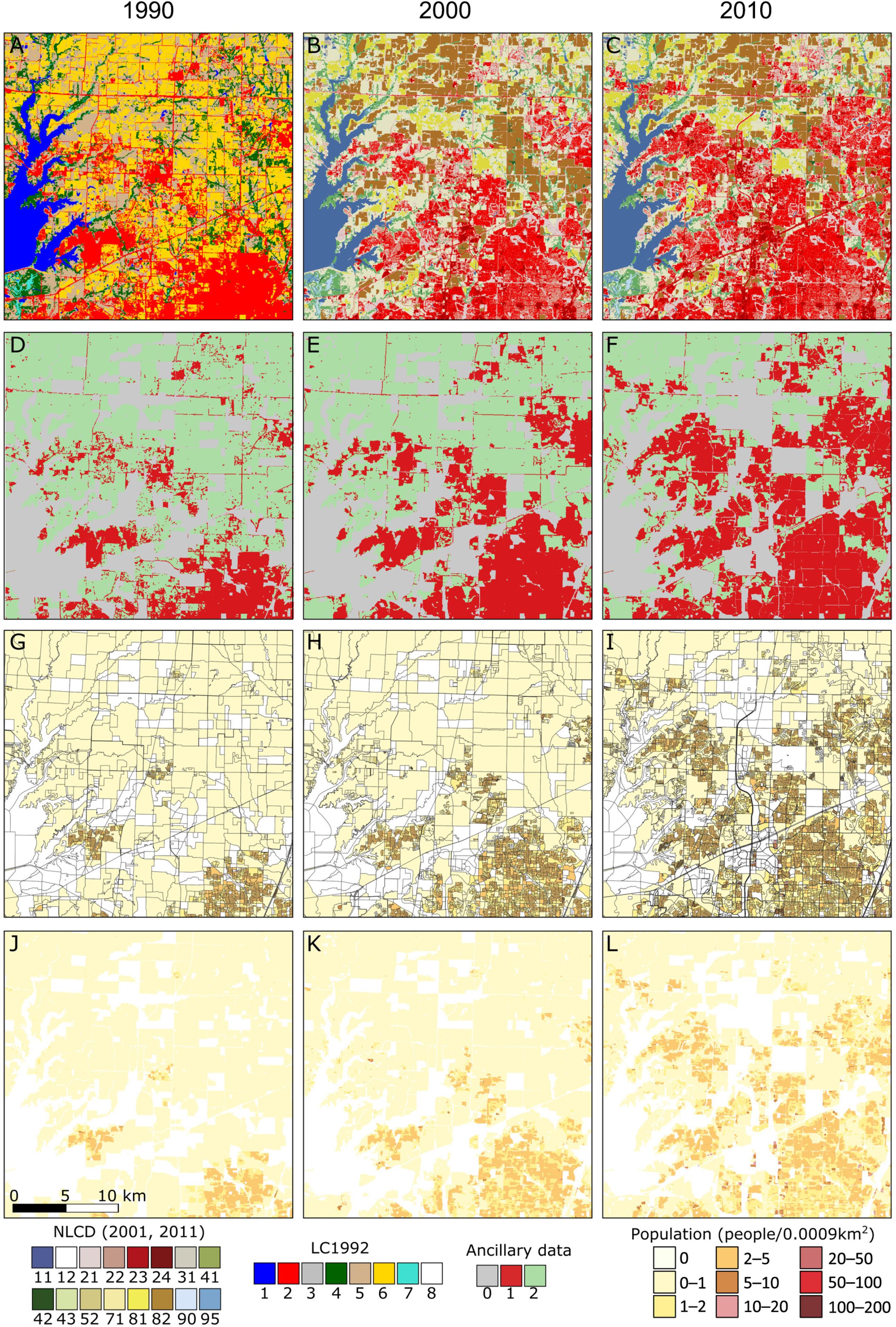 The city of Frisco, TX located in Collin and Denton county.(A) Land cover map for 1992 based on 1992/2001 Retrofit Land Cover Change Product. (B) NLCD 2001. (C) NLCD 2011. (D–F) Land cover data reclassified into 3 categories. (G–I) Block level population data. (J–L) Population density shown in 30 m resolution grids.NLCD 2001, 2011: 11 – open water; 12 – ice/snow; 21 – developed, open space; 22 – developed, low intensity; 23 – developed, medium intensity; 24 – developed, high intensity; 31 – barren land; 41 – deciduous forest, 42 – evergreen forest, 43 – mixed forest, 52 – shrub/scrub; 71 – grassland; 81 – pasture/hay; 82 – cultivated crops, 90 – woody/wetlands, 95 – emergent wetlands.LC1992: 1 – open water; 2 – urban; 3 – barren; 4 – forest; 5 – grass/shrub; 6 – wetlands; 7 – wetlands; 8 – ice/snowAncillary data: 0 – uninhabited; 1 – urban areas; 2 – nonurban areas.