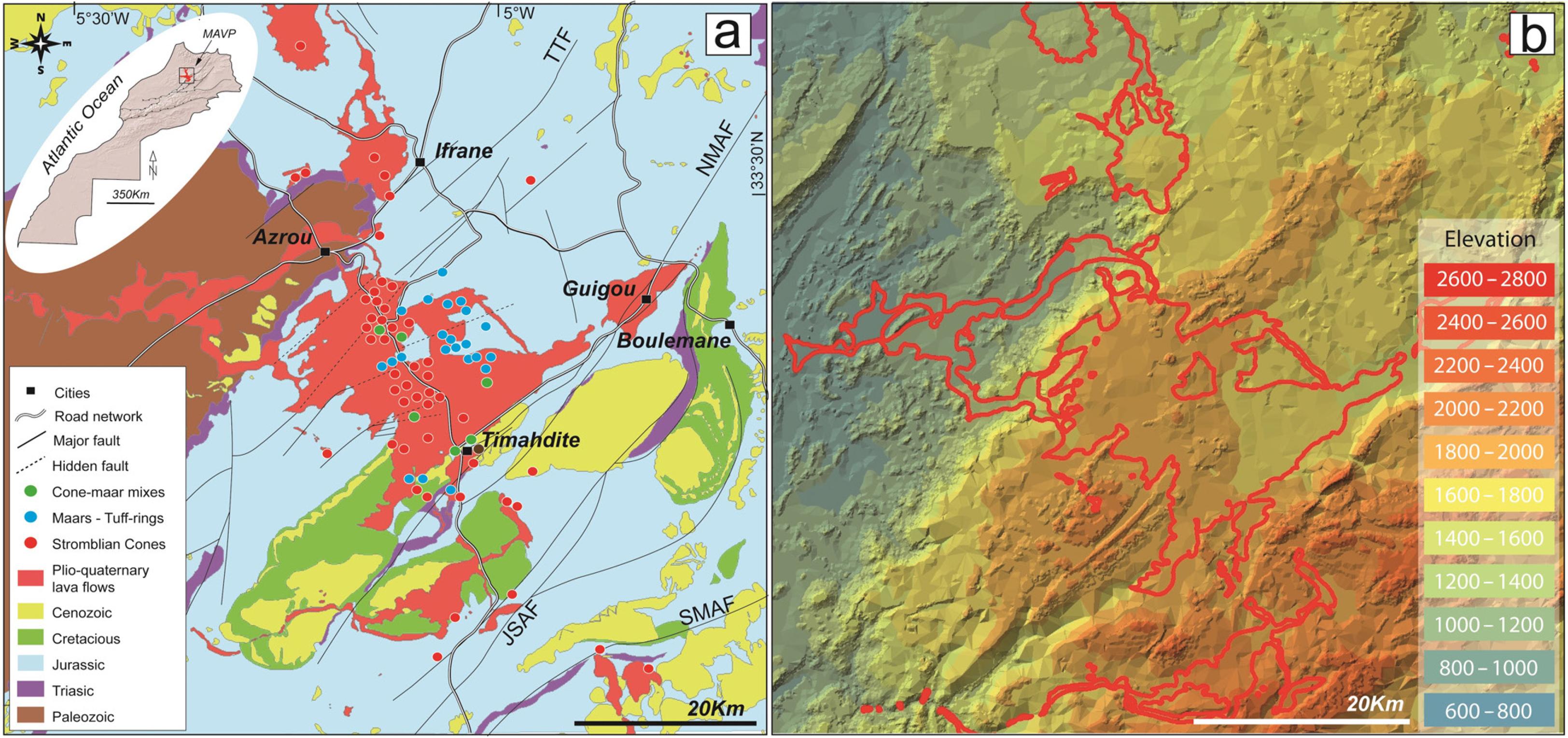 Study area.
a)Geographical location and geological map of the study area. Most of volcanoes and lava flow units erupted from the Azrou-Timahdite plateau. These volcanoes strung along into two trails: the main cones dominated central trail and smaller eastern maars dominated trail that concentrates on the Azrou-Timahdite plateau. Major faults abbreviation: TTF: Tizi-n-Tretten Fault; NMAF: North Middle-Atlas Fault; JSAF: Jbel Sidi Ali Fault; SMAF: South Middle-Atlas Fault. MAVP: Middle-Atlas volcanic province.b)Coloured digital elevation model of the Middle-Atlas, showing the topographic framework of the study area. Heights are in metres above sea level.