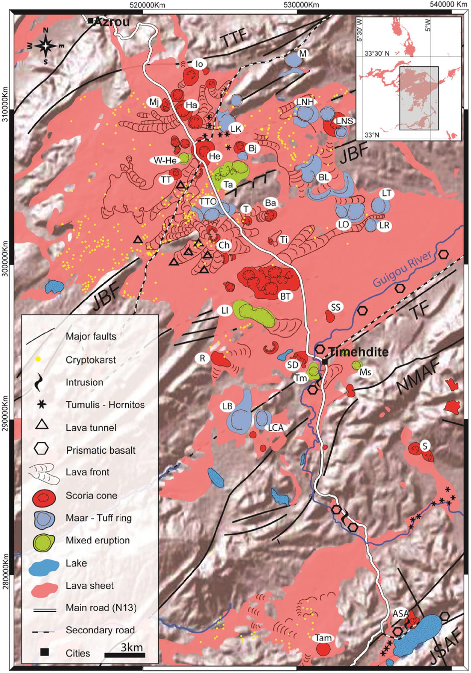 Map of the main volcanic features on both tabular and folded domain of the central Middle-Atlas domain.Volcanic device abbreviations: AK – Ain Kahla, Ba – Bou Ahsine, Bj – Boutjatiout, BL – Boulbalrhatène, BT – Boutaguarouine, Ch – Chedifate, Ha – Habri, He – Hebri, Io – Ich Ouarrok, LB – LechmineBou Itguel, LBS – Lechmine Ben Said, LCA – Lechmine Chker Allah, LI – Lechmine Izgarn, LK – Lechmine-n-Kettane maar, NHL – Lechmine-Naït-Lhaj maar, LO – Lechmine Ouannou, LR – Lechmine N Rhelline, LT – Lechmine Tajine, M – Michlifène, Mj – Mijmouane, Ms – Msaarab south, RA – Rabouba, S – Selrhert, SA – Sidi Ali, SD – Sidi Boundouh, SS – Sidi Said, T – Taissaouit, Ta – Tahabrit, Tam – Tamarakoit, Ti – Tichinouine, Tim – Timahdite, TT – Tichout Tazouggaght, TTO – Touna-Tit Ougmar, W-He – West Hebri.Fault name abbreviations: TTF – Tizi-n-Tretten Fault, JBF – Jbel Irhoud-Boulbalrhatene Fault, TF – Timahdite, NMAF – North Middle-Atlas Fault, JSAF – Jbel Sidi Ali Fault.