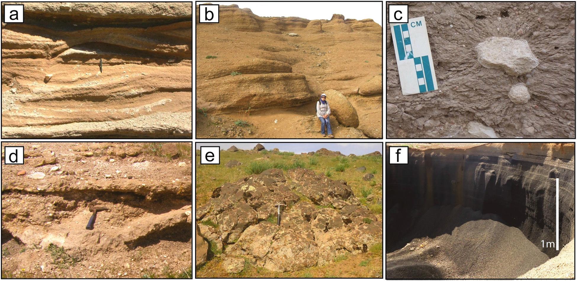 Phreatomagmatic eruptive products
a)Southern base-surge outcrop from the Timahdite volcano showing a small-scale dune and anti-dune sedimentary figures including some lapilli lenses.b)Thick peperite layers from the phreatomagmatic deposits exposed in the Lechmine-Naït-Lhaj maar northern flank; they consist of alternating thick ash-dominated levels with coarser lapilli falls.c)Stone suns structures exposed in phreatomagmatic deposits at the north-western base of the Timahdite volcano.d)Bomb-sag structure distorting the phreatomagmatic deposit bedding at the north-eastern side of the Timahdite volcano.e)Cauliflower bomb of 1,5 m diameter occurs in the northern part of west Hebri Maar.f)Finely-bedded lapilli fall is representing the distal wind-driven facies at the base slope of the eastern flank of Lechmine N’ait Lhaj maar.
