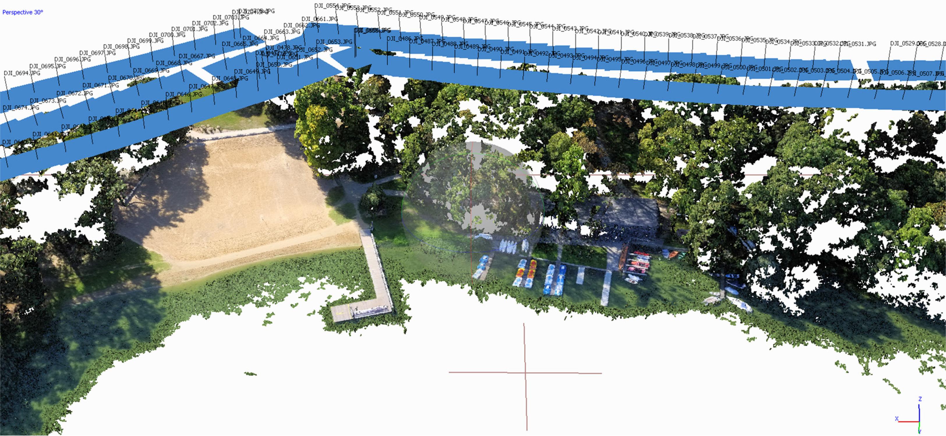 Visualization of flight over the area of research (Lake Zbąszyńskie) and the generated three-dimensional model in Photoscan.