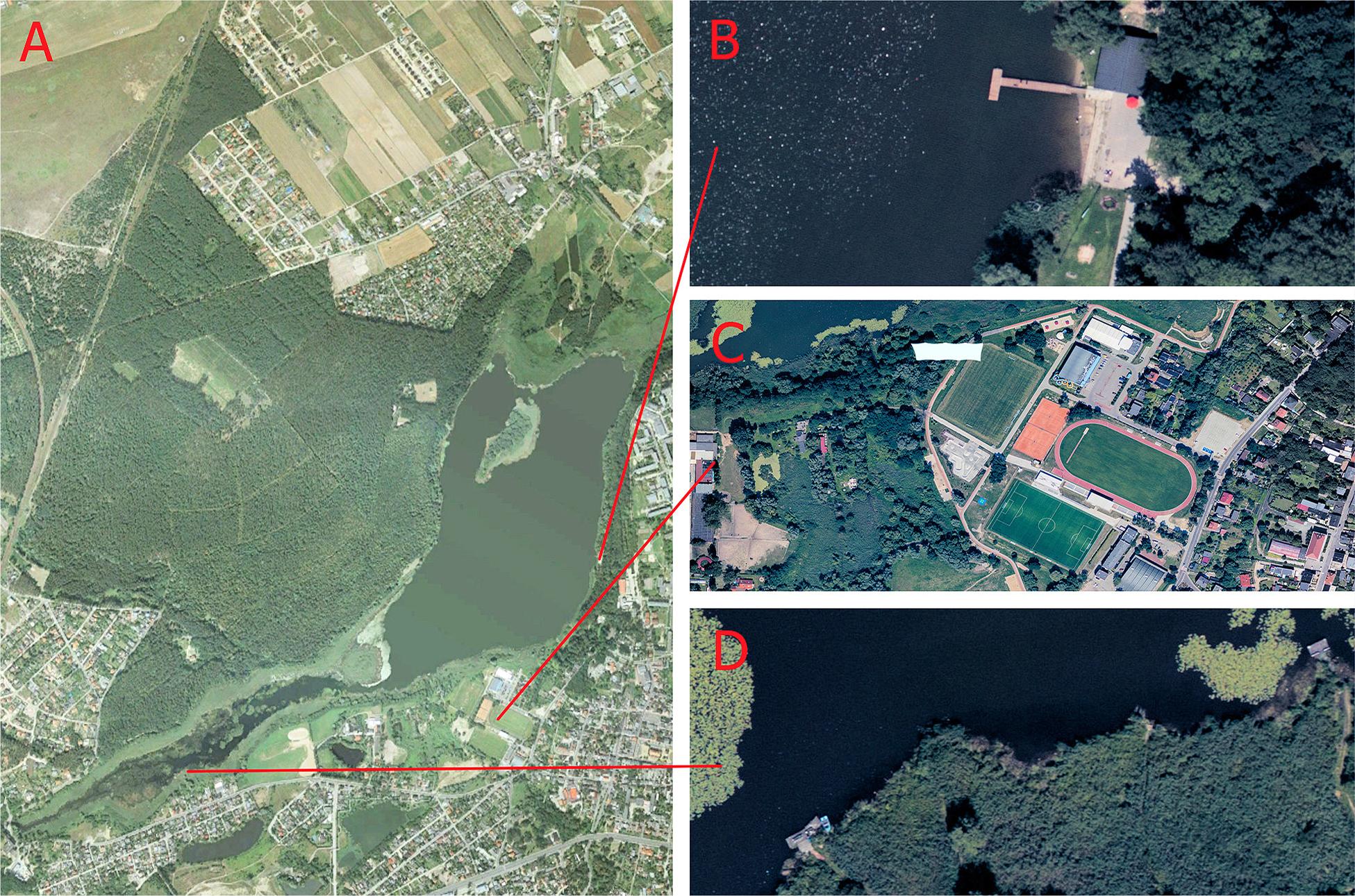 Tourist and recreational infrastructure of the Lake Swarzędzkie.A – Lake Swarzędzkie (https://www.google.pl/maps), B – swimming pool, C – sports and recreation complex, D – Cybina outflow from the lake.