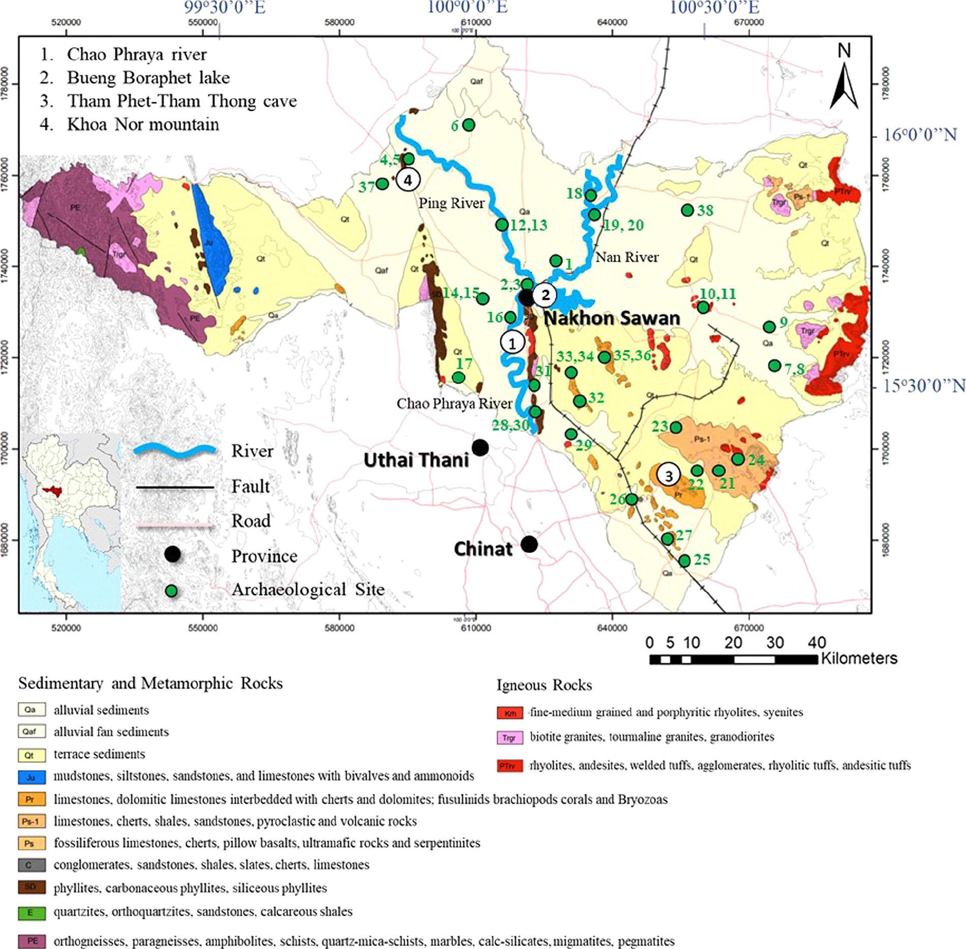 Archaeological sites distribution in the geologic map of Nakhon Sawan Province. Satellite data taken from ArcGIS® and geologic data modified from DMR (2007a).