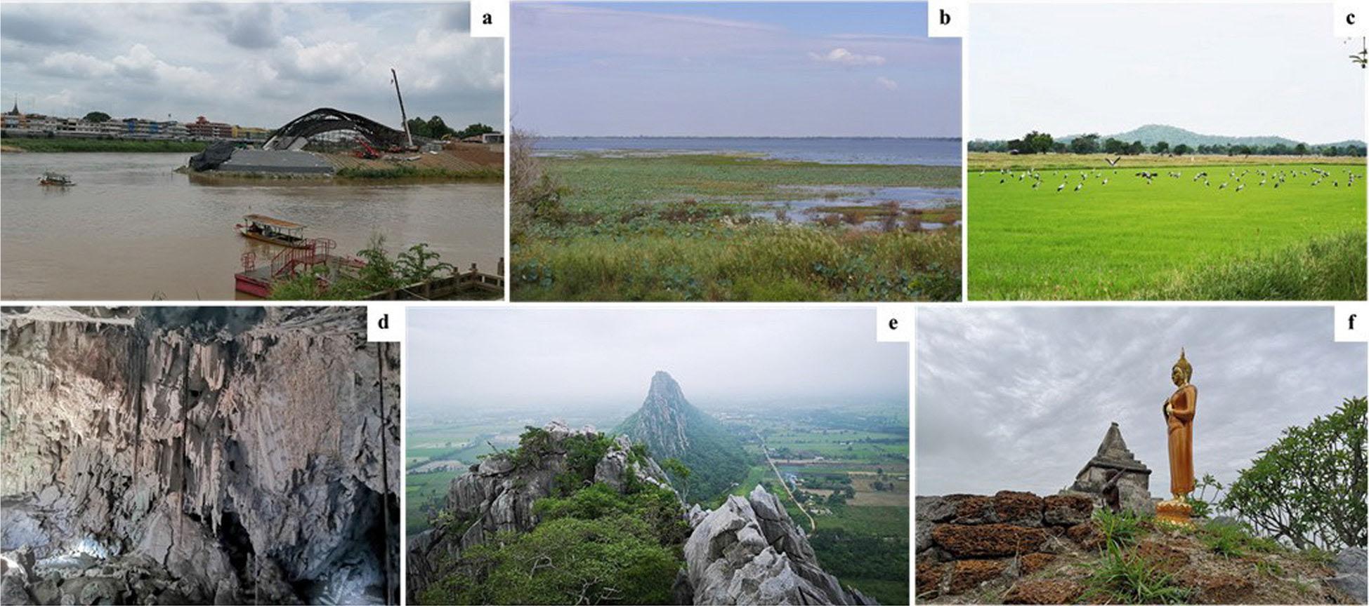 Geologic features in Nakhon Sawan.a – the Chao Phraya River origin, b – Bueng Boraphet lake, c – rice field in a floodplain, d – Tham Phet-Tham Thong Cave, e – Khoa Nor Mountain, f – ancient temple evidence on the top of Khoa Nor.