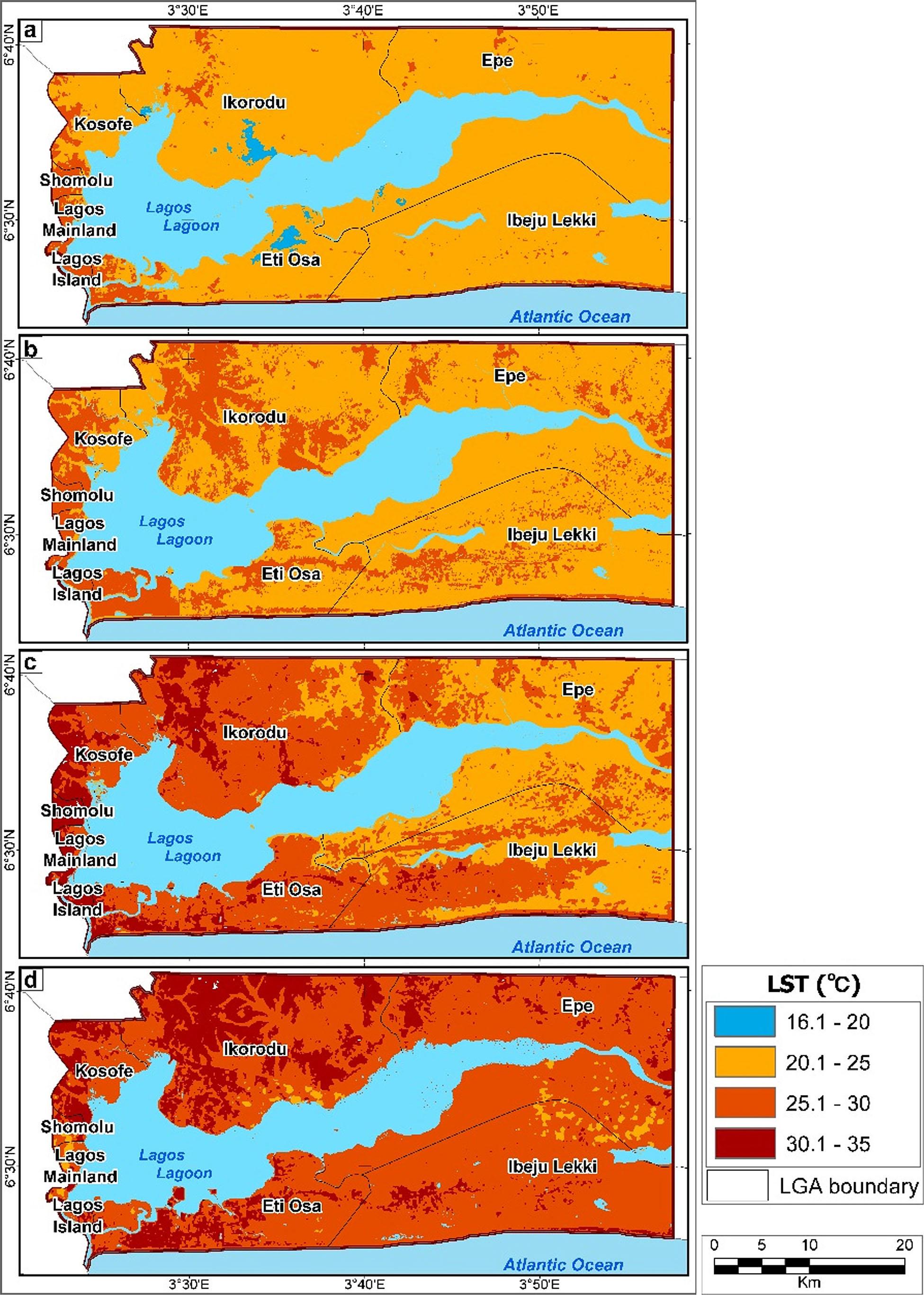 Spatial pattern of LST for 1984 (a), 2002 (b), 2013 (c) and 2019 (d).