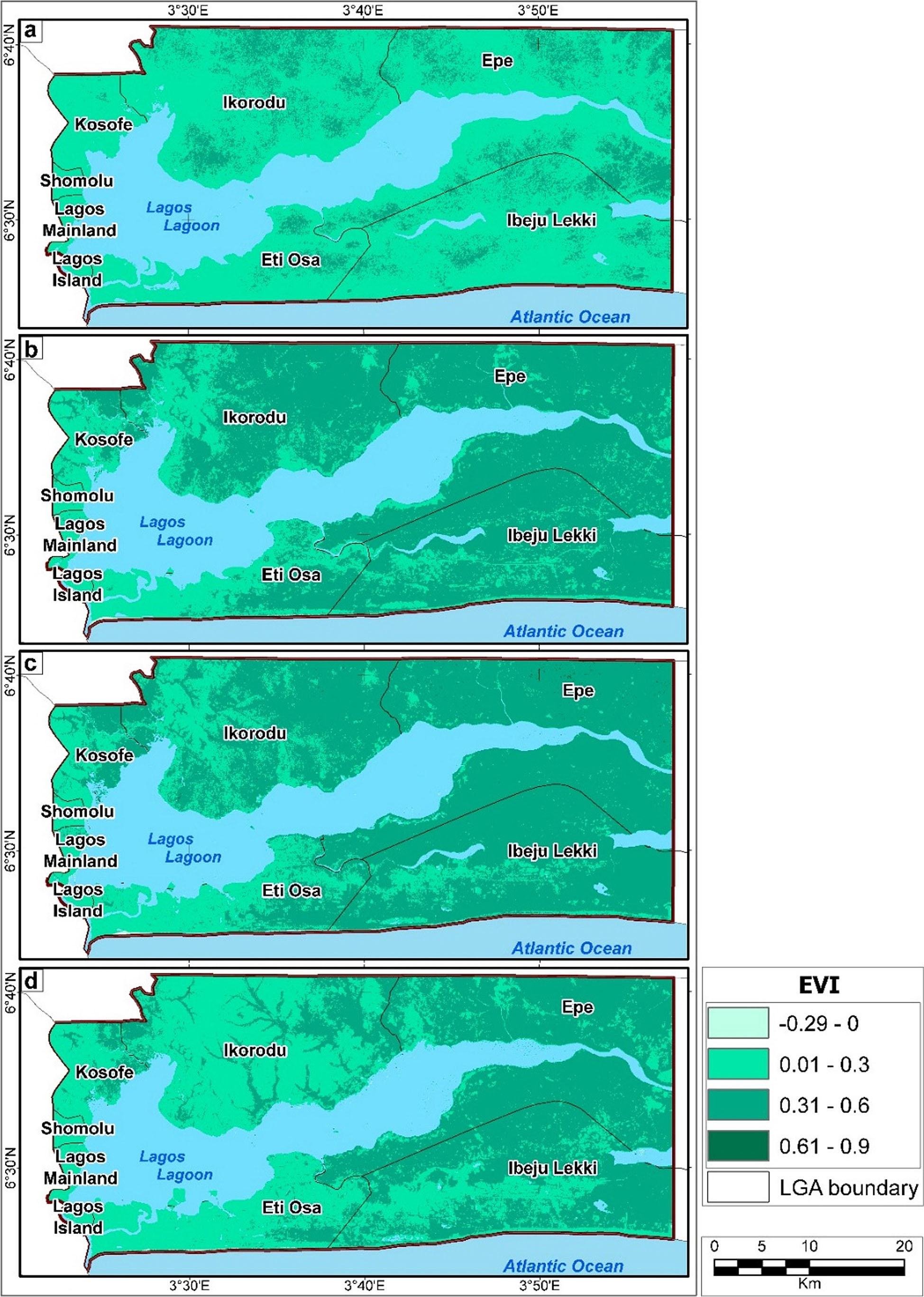 Spatial pattern of EVI for 1984 (a), 2002 (b), 2013 (c) and 2019 (d).