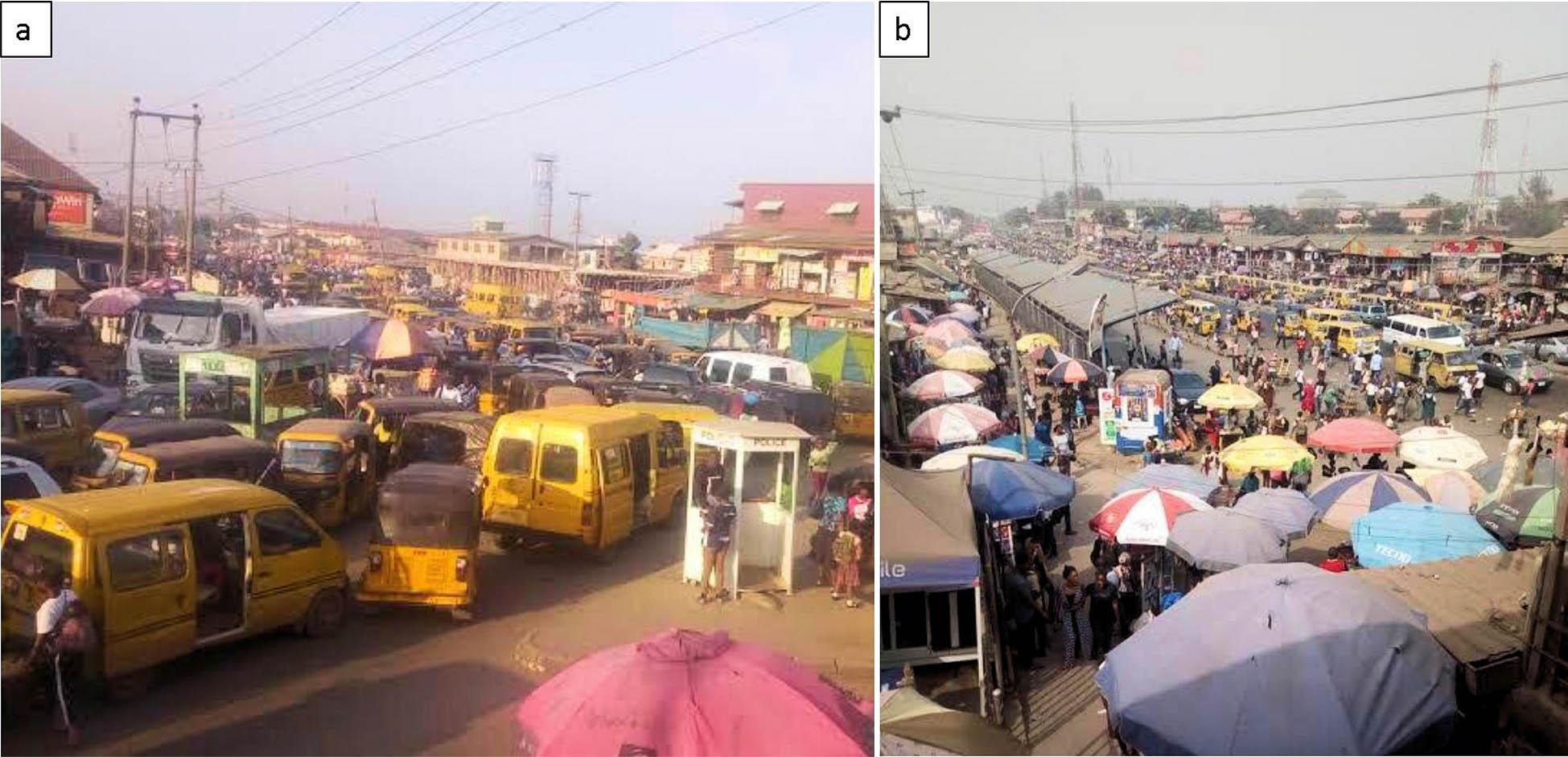 Some parts of Alimosho LGA. a – Ikotun Bus stop/garage; b – Bus Rapid Transit (BRT) terminal along Ikotun-Idimu road in Alimosho LGA (year 2020).