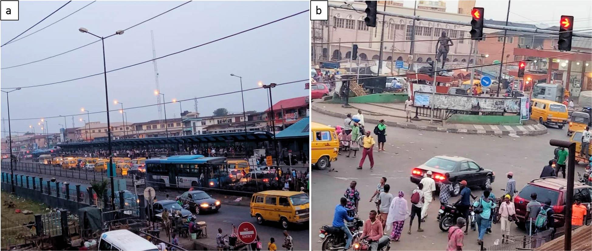 Some parts of Ikorodu LGA. a – Sprawl in Ikorodu driven partly by the construction of dual-carriage main access; b – Ikorodu Bus stop/garage (year 2020).