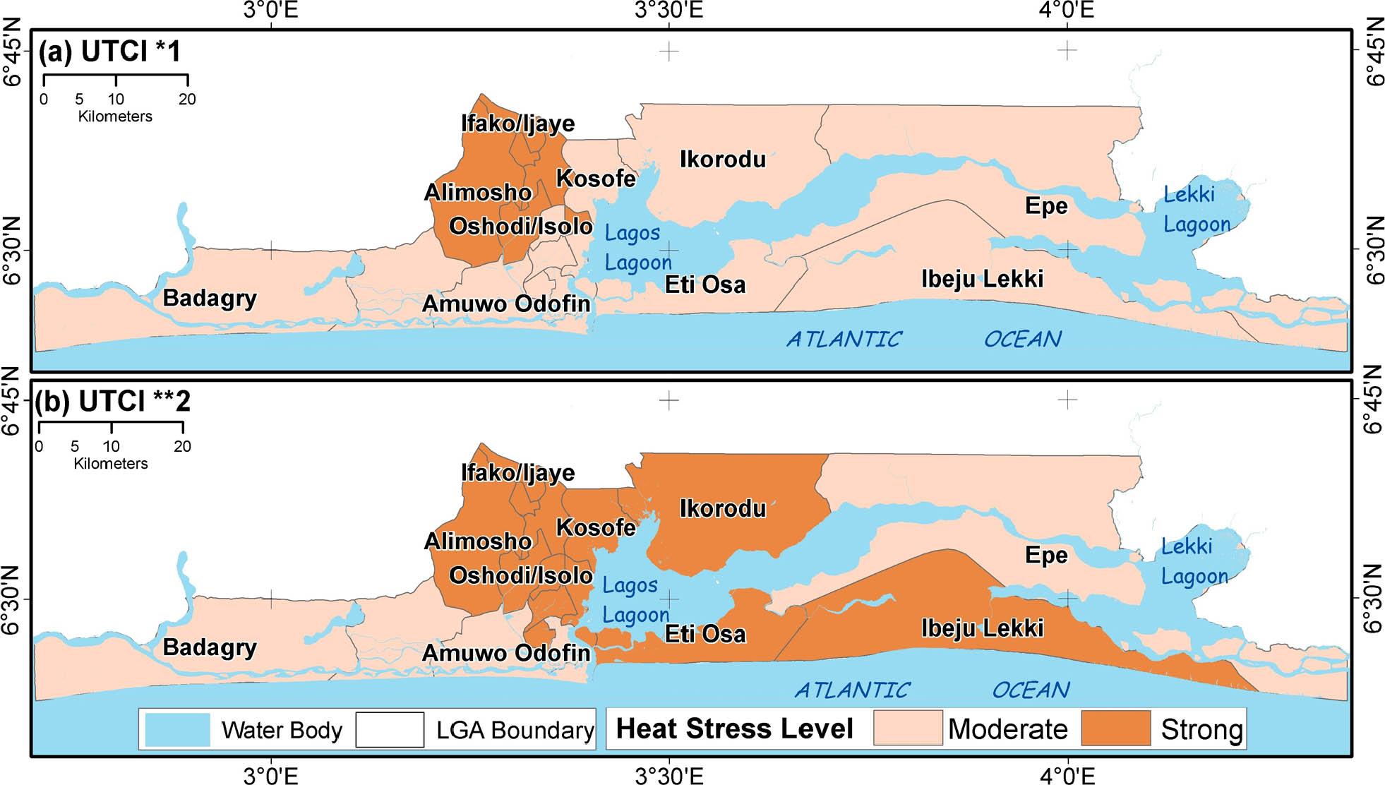 Heat stress map for Lagos State on 30 January 2019 with mean LST. a – UTCI *1 from utci.org; b – UTCI **2 from climatechip.org.