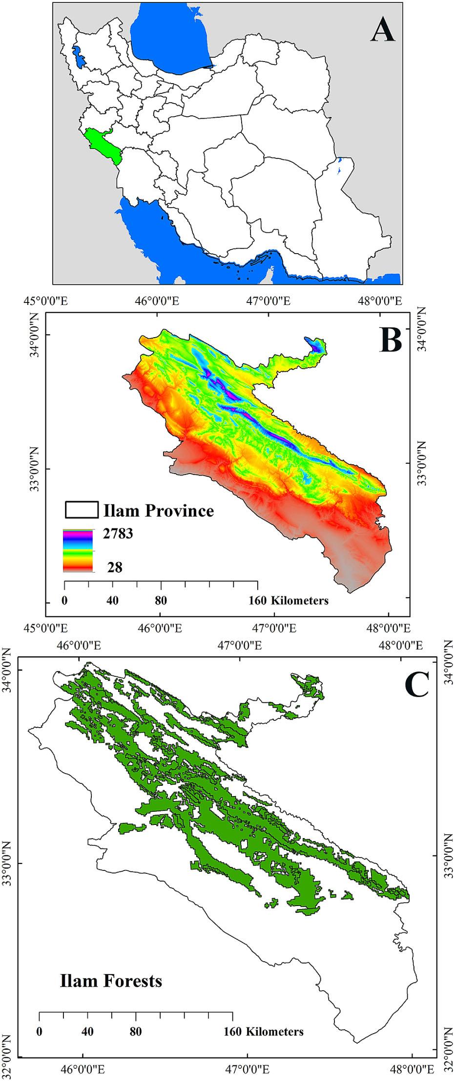 Geographical location of Ilam province in Iran (A), digital elevation model of Ilam province (B) and its forests (C).