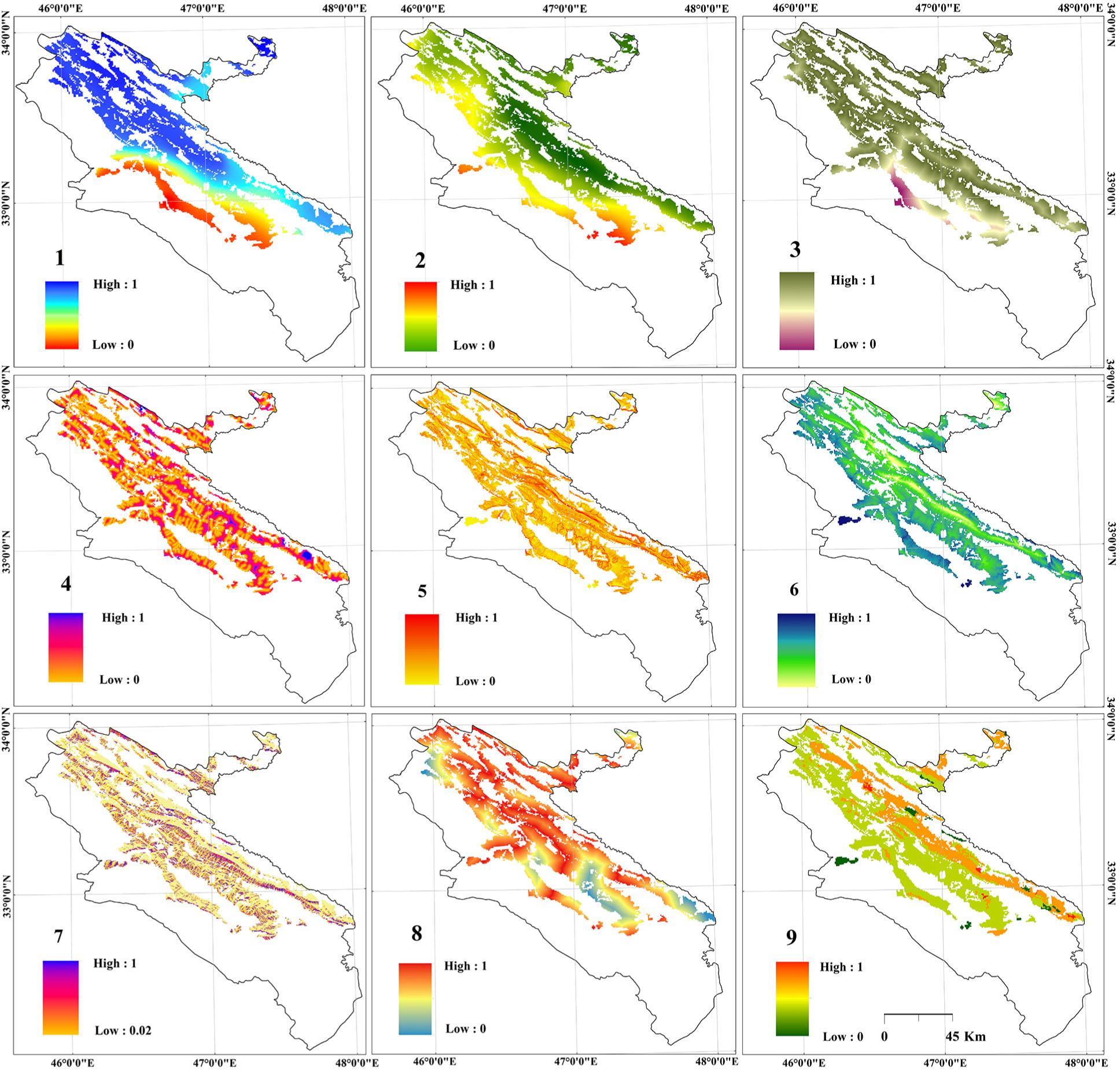 Standardised maps of effective parameters in oak decline.1 – precipitation, 2 – temperature, 3 – distance from farmland, 4 – distance from streams, 5 – slopes, 6 – altitude, 7 – aspect, 8 – distance from roads, 9 – forest density.