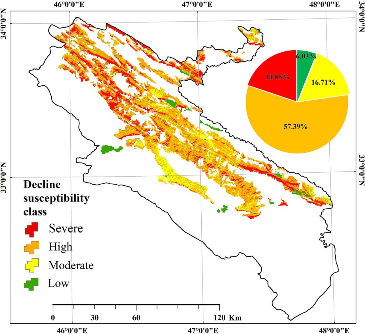 Final map of areas with susceptibility to oak in Ilam forests and classification area.
