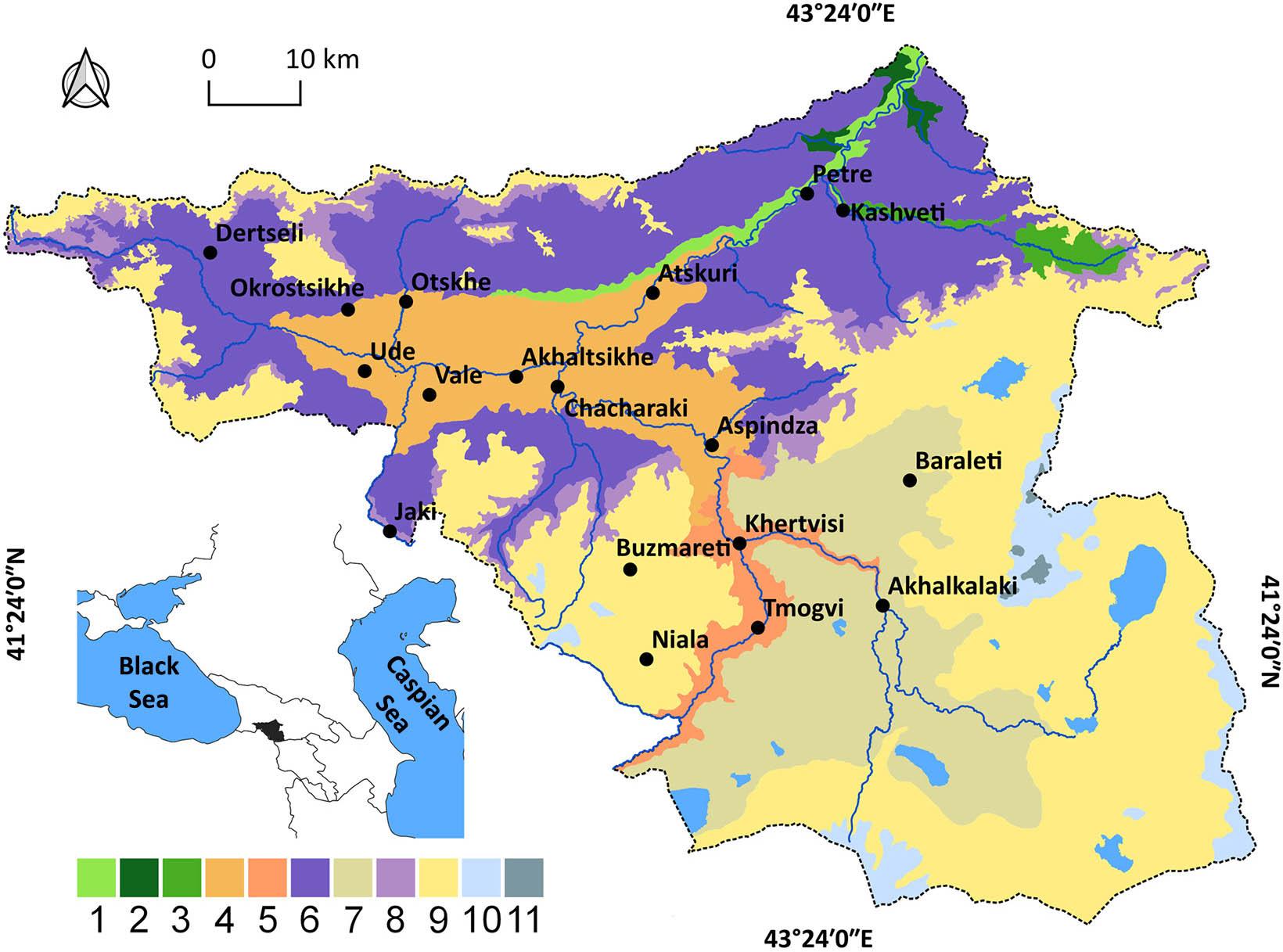 Location of the study area and its landscapes.1 – lower mountain semi-humid forest, 2 – middle mountain Colchian forest, 3 – middle mountain forest, 4 – mountain valleys with steppes, meadows and semi-aird shurbs, 5 – middle mountain arid forest, shrubs, and steppes, 6 – middle mountain dark coniferous forest, 7 – plateau with steppes and meadows, 8 – upper mountain pine and brich forest, 9 – highland subalpine sparse forests and shruby meadows, 10 – high mountain alpine meadows, 11 – high mountain sub-nival.