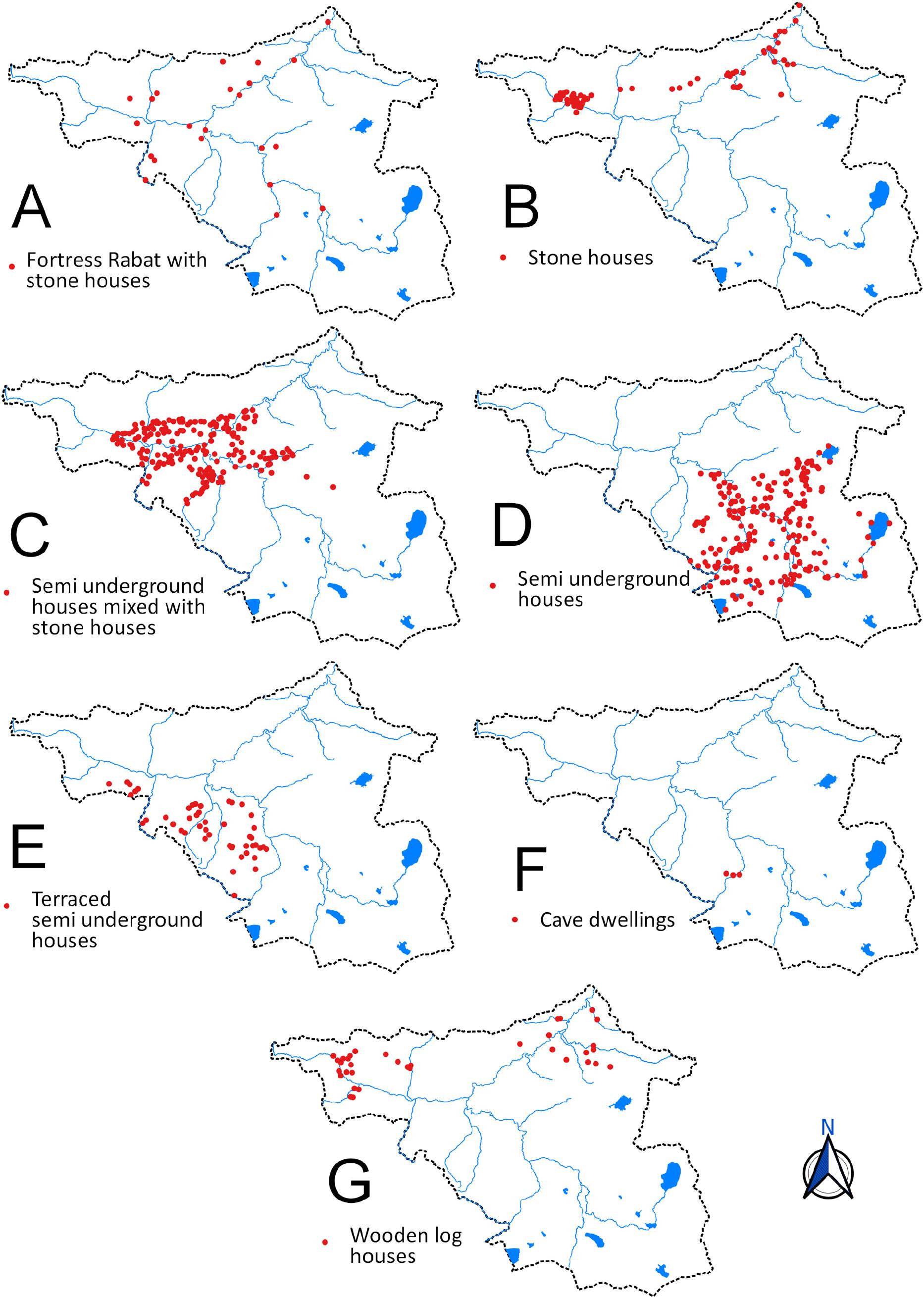 The geographical allocation of the folk architecture.A – Fortress Rabat with stone houses, B – Stone houses, C – Semi-underground houses mixed with stone houses, D – Semi-underground houses, E – Terraced semi-underground houses, F – Cave dwellings, G – Wooden log houses.