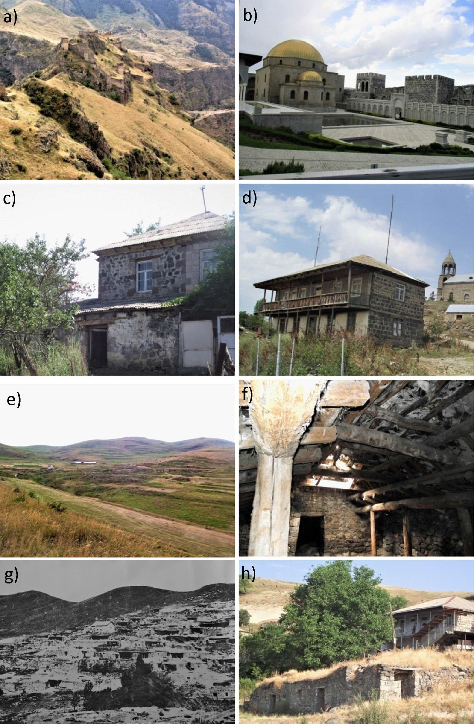 Architectural types of buildings from Samtskhe-Javakheti.A – Tmogvi Castel – fortress Rabat with stone houses, B – Akhaltsikhe Rabat – fortress Rabat with stone houses, C – Village Muskhi – stone houses, D – Village Khizabavra – stone houses, E – Village Zeda Tmogvi – semi-underground houses, F – Village Zeda Tmogvi – the interior of the semi-underground house, G – Village Chobareti – terraced semi-underground houses (from Zedginidze family archive from village Chobareti, the 1920s), H – Village Chobareti – modern condition of the terraced semi-underground houses. (Photo by R. Maisuradze, 2017–2018).