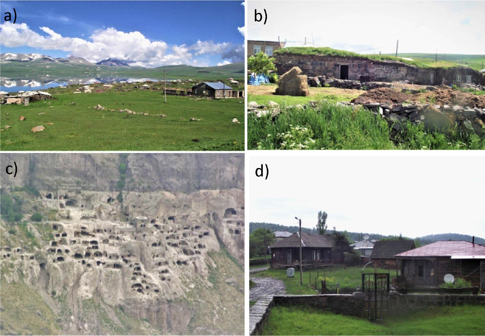 Architectural types of buildings from Samtskhe-Javakheti.A – Village Faravana – semi-underground houses mixed with stone houses, B – Village Saghamo – the modern condition of the semi-underground houses mixed with stone houses, C – Cave city Vardzia – Cave dwellings, D – Village Tsikhisdjvari – wooden log houses. (Photo by R. Maisuradze, 2017–2018).