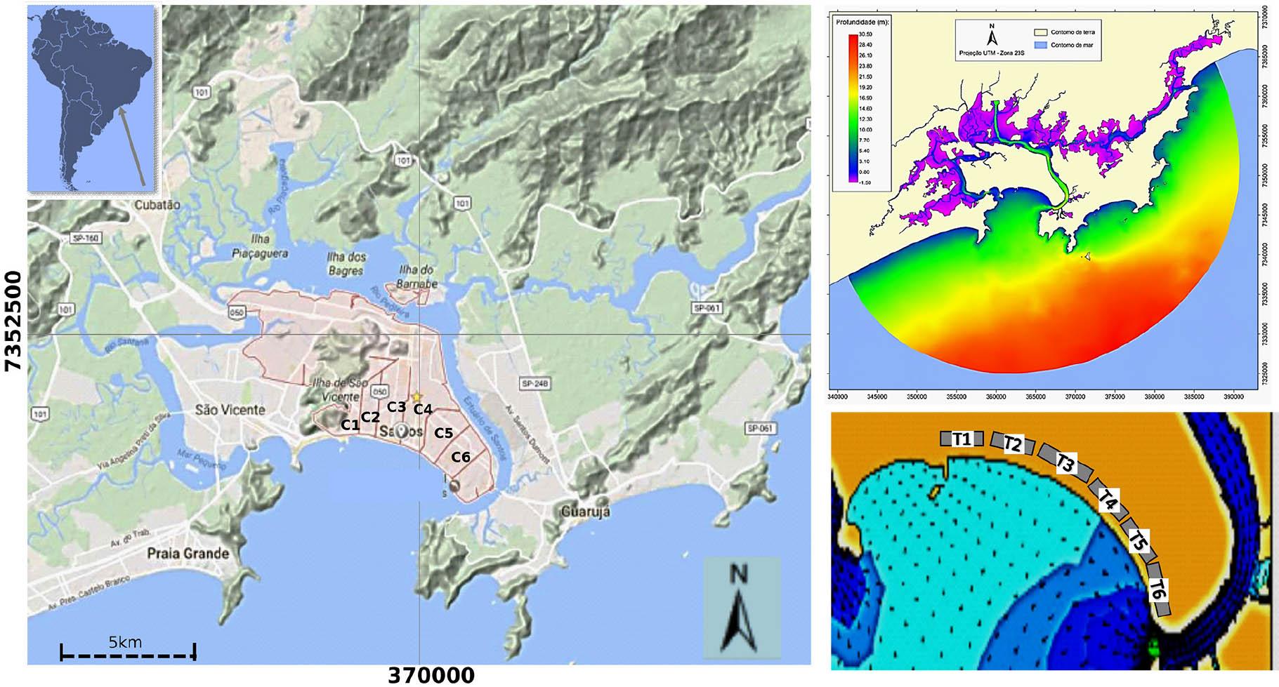 Study area, with geomorphological, bathymetric, and drainage details and the location of the sample transects (T1–T6) on Santos Beach.