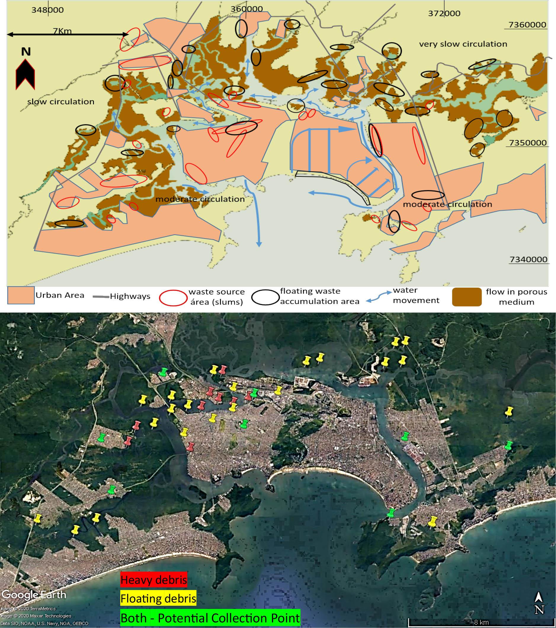 Above: Water circulation and possible debris areas (based on Roversi et al. 2016b). Below: Debris accumulation points, verified by Google Earth image.