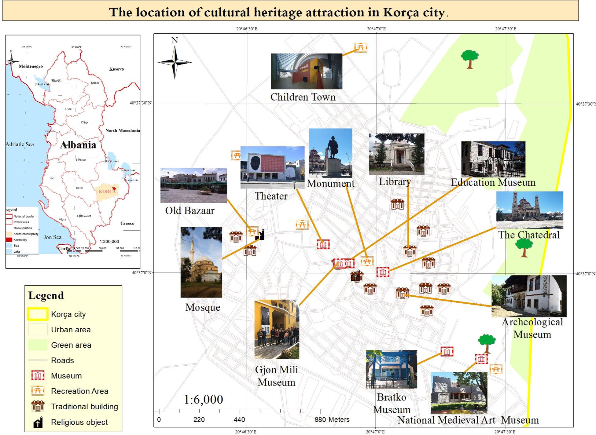 The location of cultural heritage attractions in Korça city.