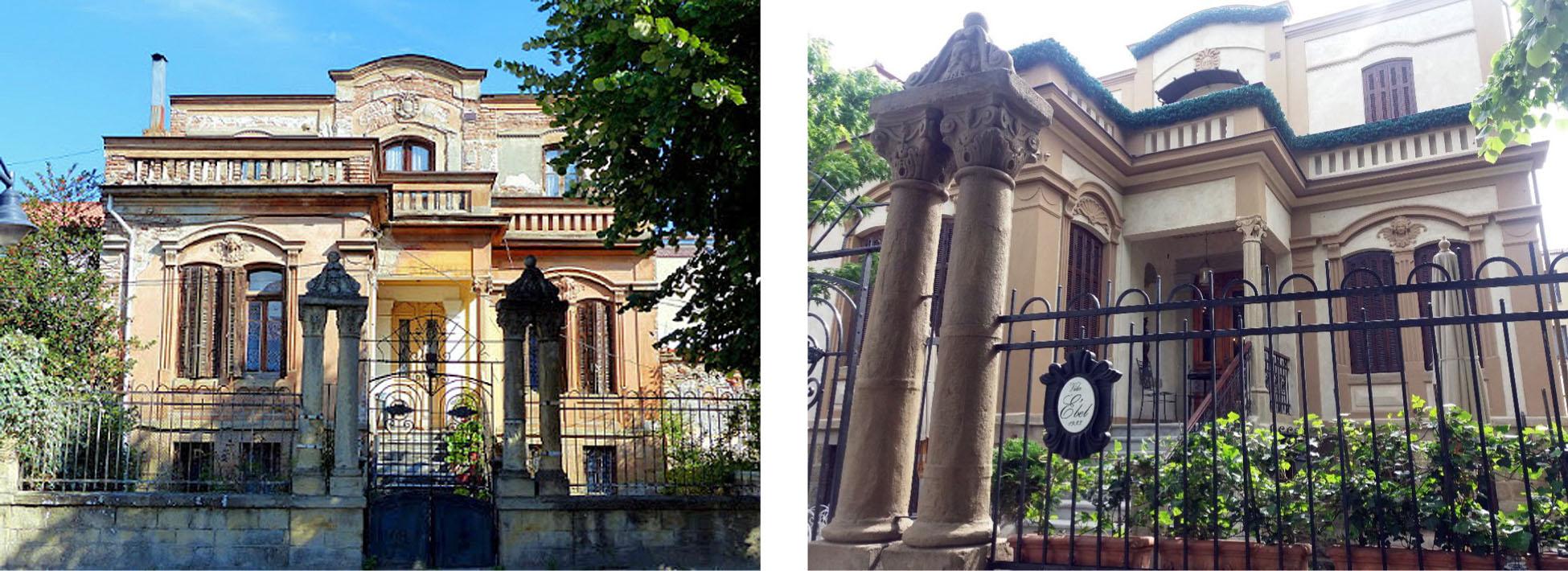 A house building of 1933 before (left), actually Vila Ebel after restoration (right).